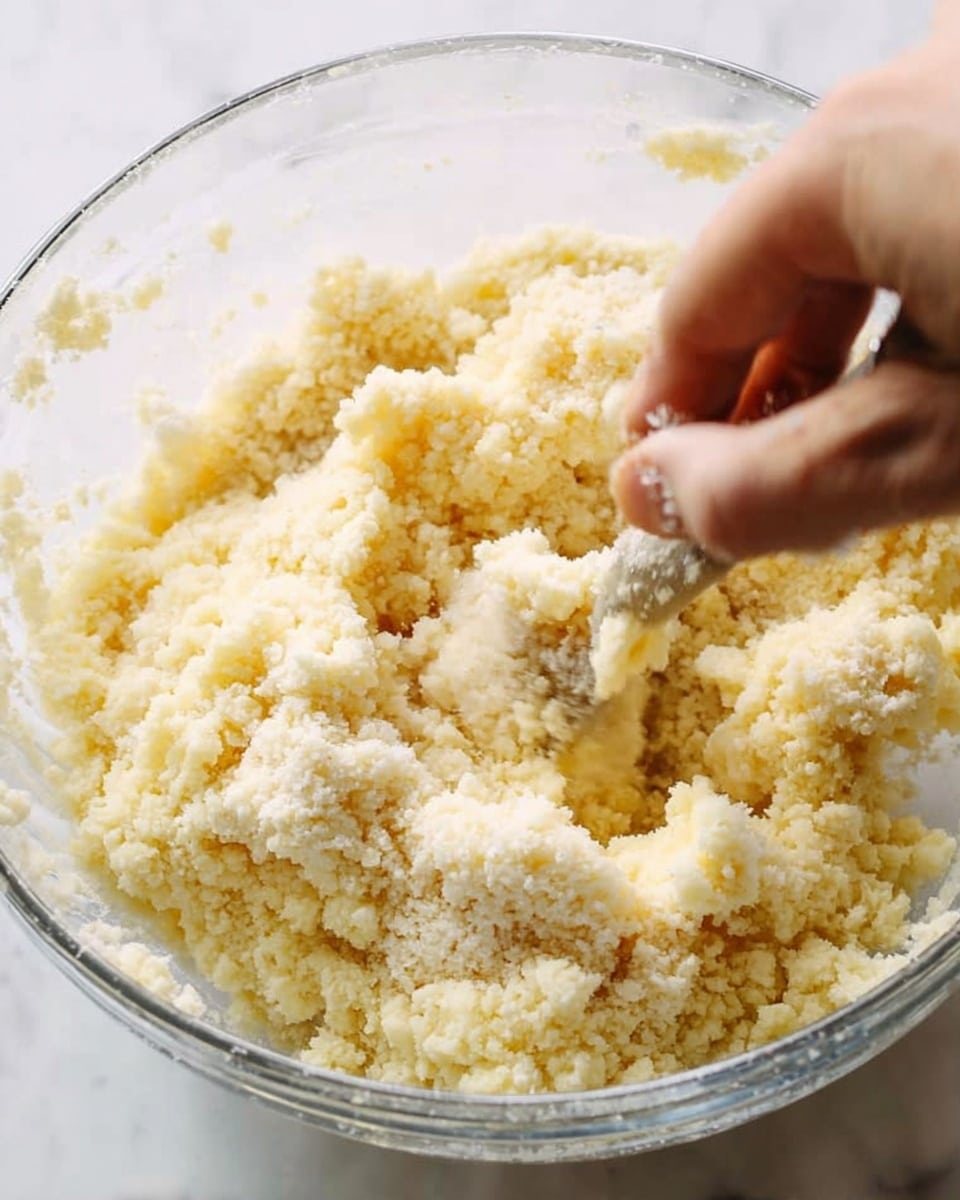 A clear glass bowl filled with a pale yellow, grainy and soft mixture, being stirred gently with a utensil held by a woman's hand, showing small clumps and a slightly crumbly texture. The background is a white marbled surface. photo taken with an iphone --ar 4:5 --v 7