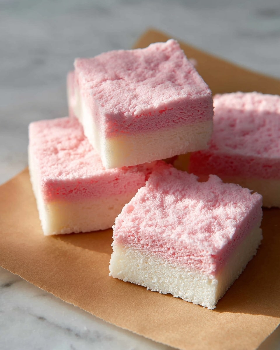 The image shows five square-shaped dessert bars on brown parchment paper placed on a white marbled surface. Each bar has two layers; the top layer is light pink with a fluffy, slightly rough texture, while the bottom layer is white and appears soft and moist. The bars are stacked and arranged casually, with one bar angled slightly to show both layers clearly. The lighting is bright and natural, highlighting the texture and colors of the dessert. Photo taken with an iphone --ar 4:5 --v 7