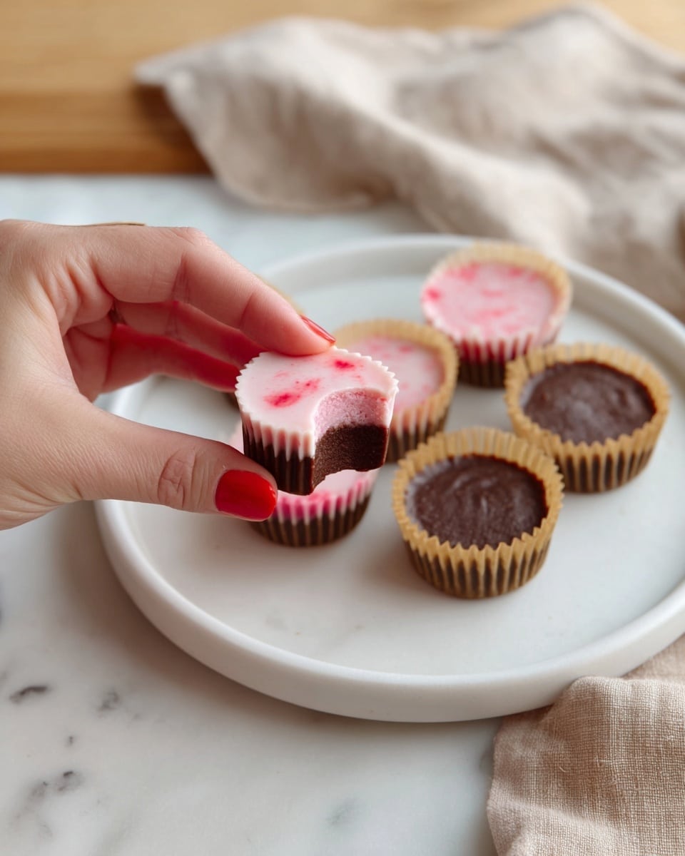 A woman's hand with bright red nails holds a small dessert that has two layers: the top layer is light pink with small red spots and a smooth texture, and the bottom layer is dark brown with a firmer, ridged texture like a chocolate base, all inside a light brown paper cup. On a white plate, there are five more similar desserts, four with the pink layer and one with the dark brown layer on top, all in light brown paper cups. The plate is placed on a white marbled surface with a blurred beige cloth in the background. photo taken with an iphone --ar 4:5 --v 7