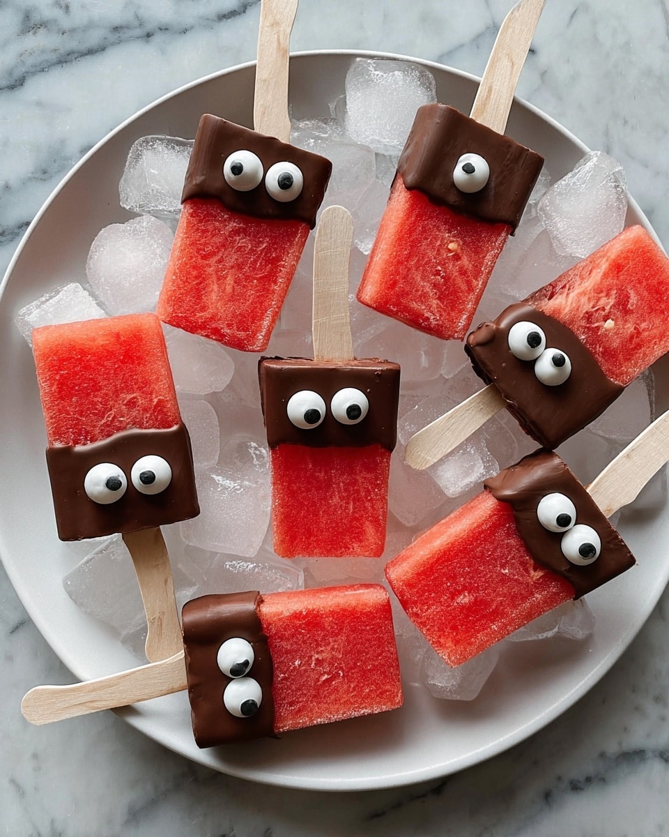 The image shows seven popsicles made from red watermelon blocks half dipped in dark brown chocolate on the bottom, each with two white candy eyes with black pupils on the chocolate part. The popsicles are arranged in a circle on a white round plate filled with clear ice cubes. Each popsicle has a light wooden stick, and some tops have small bites missing, showing the watermelon inside. The background surface is a white marbled texture. photo taken with an iphone --ar 4:5 --v 7