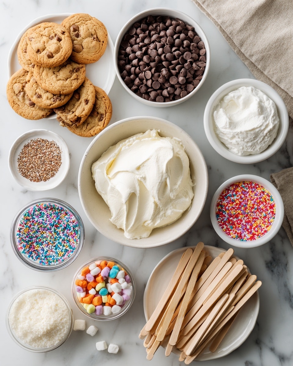 Top-down professional food photography flat lay style, bright white marble countertop, neatly arranged, evenly spaced, tidy, clean organized layout, include: bowl of semi-sweet chocolate chips, bowl of marshmallow fluff, plate of round cookies, small bowl of colorful sprinkles, bundle of wooden popsicle sticks, bright soft natural lighting, sharp focus, high detail textures, realistic reflections, professional DSLR look, 4K, no finished dish, no cooked food, no hands, no text, no watermark, no brand logos --ar 4:5 --v 7