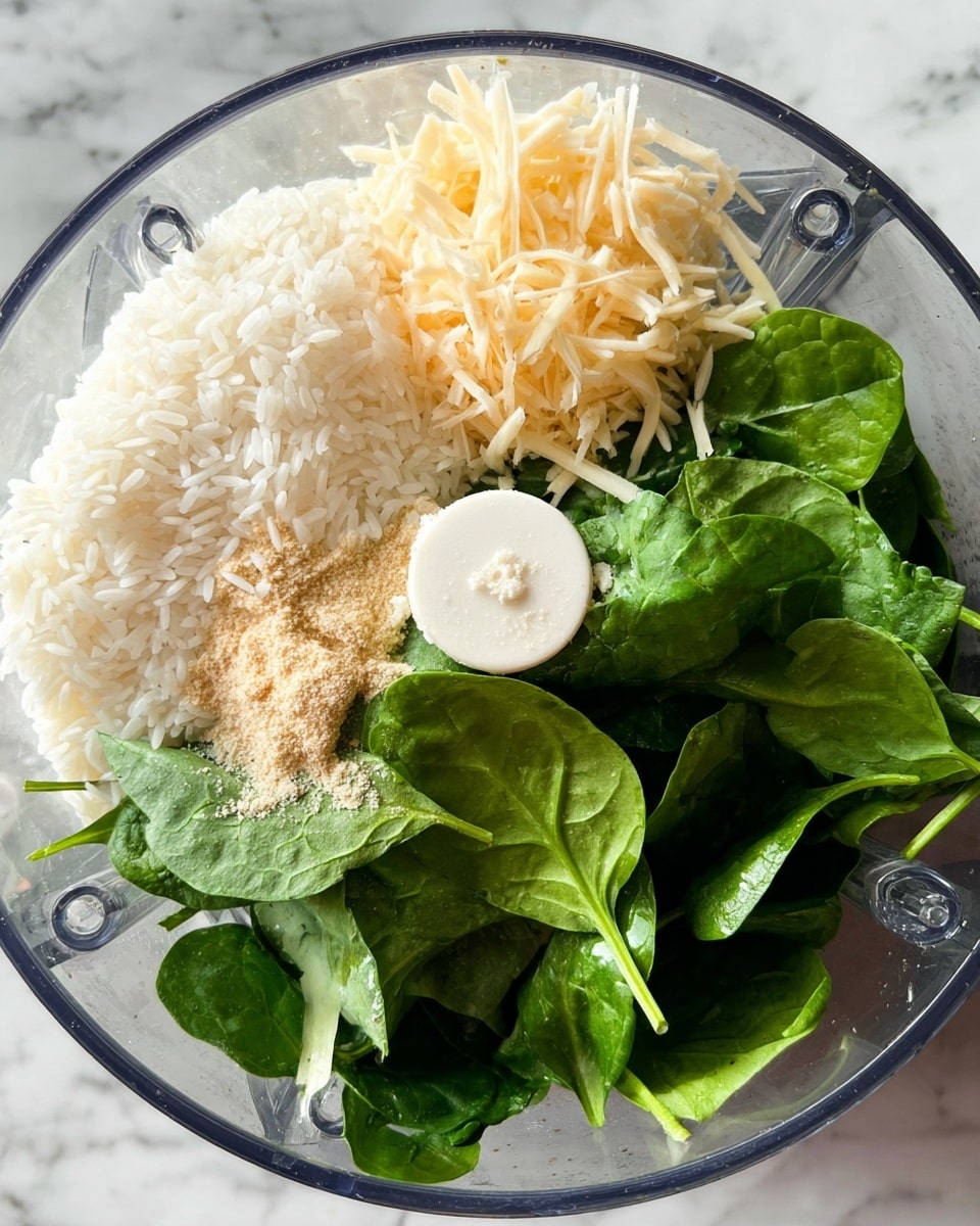 Inside a clear food processor bowl, there are three main layers of ingredients lying separately but close. At the bottom, fresh bright green spinach leaves with smooth texture fill about half the space. On one side near the top, soft white cooked rice forms a fluffy pile. Next to the rice, thin pale beige shredded pieces are stacked loosely. A small sprinkle of light tan powder rests on top of some spinach leaves near the rice. The bowl sits on a white marbled surface. photo taken with an iphone --ar 4:5 --v 7