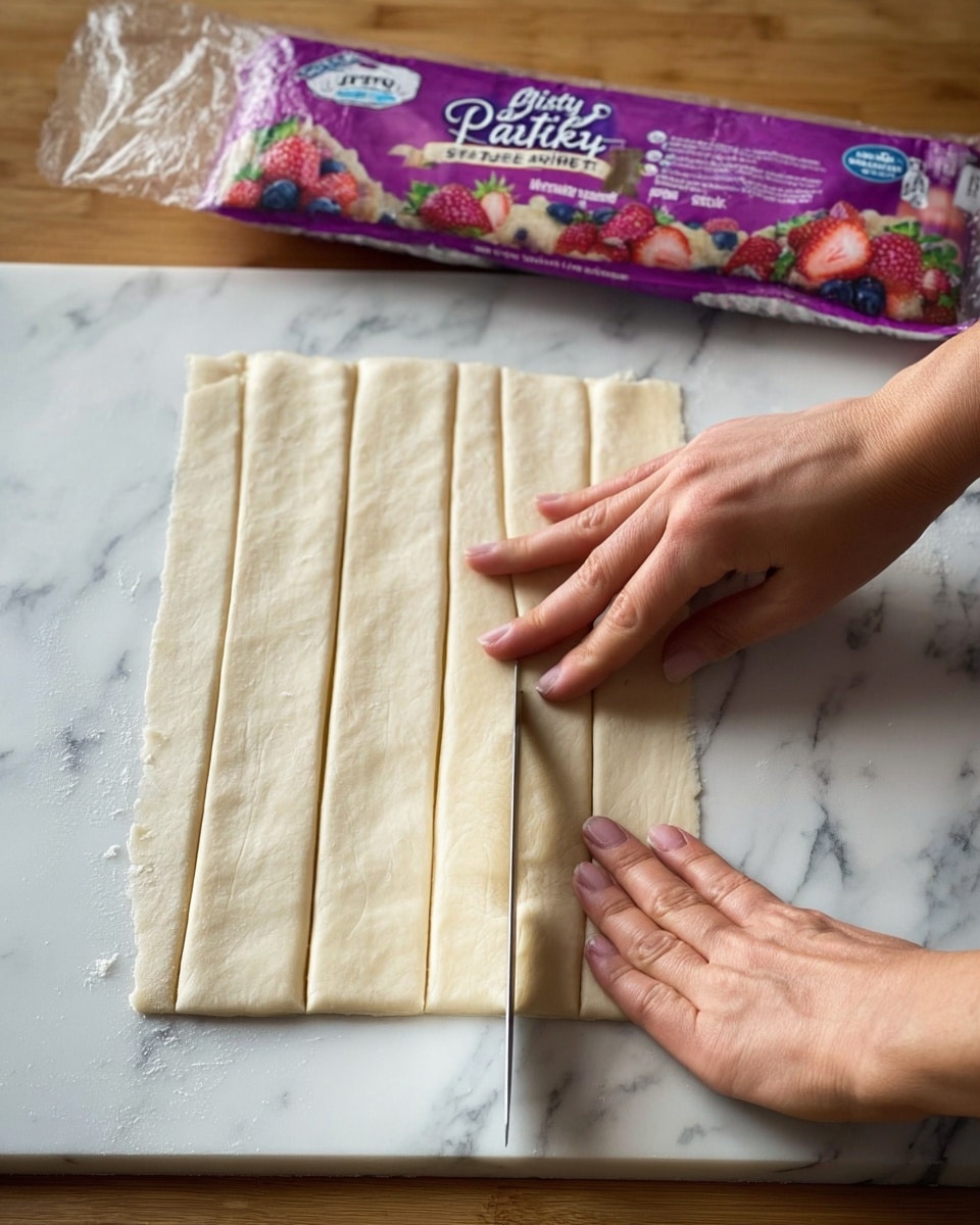 A close-up image shows a woman's left hand pressing down on a sheet of pale, smooth puff pastry dough laid flat on a white marbled surface. The dough is divided into neat rectangular sections by light cut lines. The woman's right hand is holding a knife, slicing the dough vertically along one of the faint lines. Above the dough, slightly out of focus, is a purple package of puff pastry wrapped in plastic with white text and images of strawberries and blueberries. The wooden surface beneath the dough adds a warm touch to the scene. Photo taken with an iphone --ar 4:5 --v 7