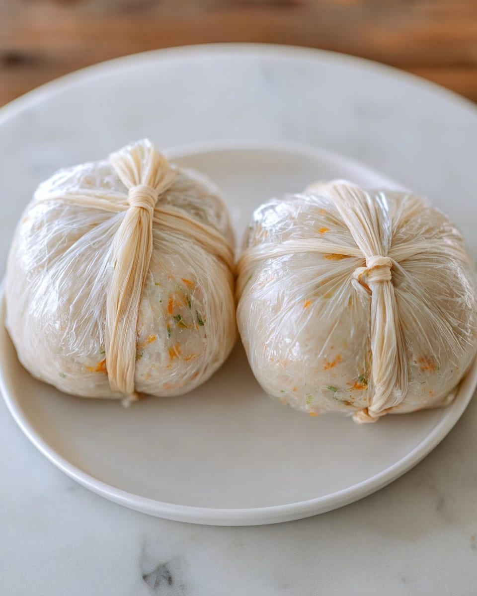 The image shows two round bundles wrapped tightly in clear plastic wrap and held together with beige rubber bands, sitting side by side on a white plate. Each bundle consists of five roughly equal sections, with a pale cream color and small orange and green specks visible through the plastic wrap. The plate rests on a white marbled surface. The lighting is soft and natural, highlighting the smooth texture of the wrapped bundles and the slight shine of the rubber bands photo taken with an iphone --ar 4:5 --v 7
