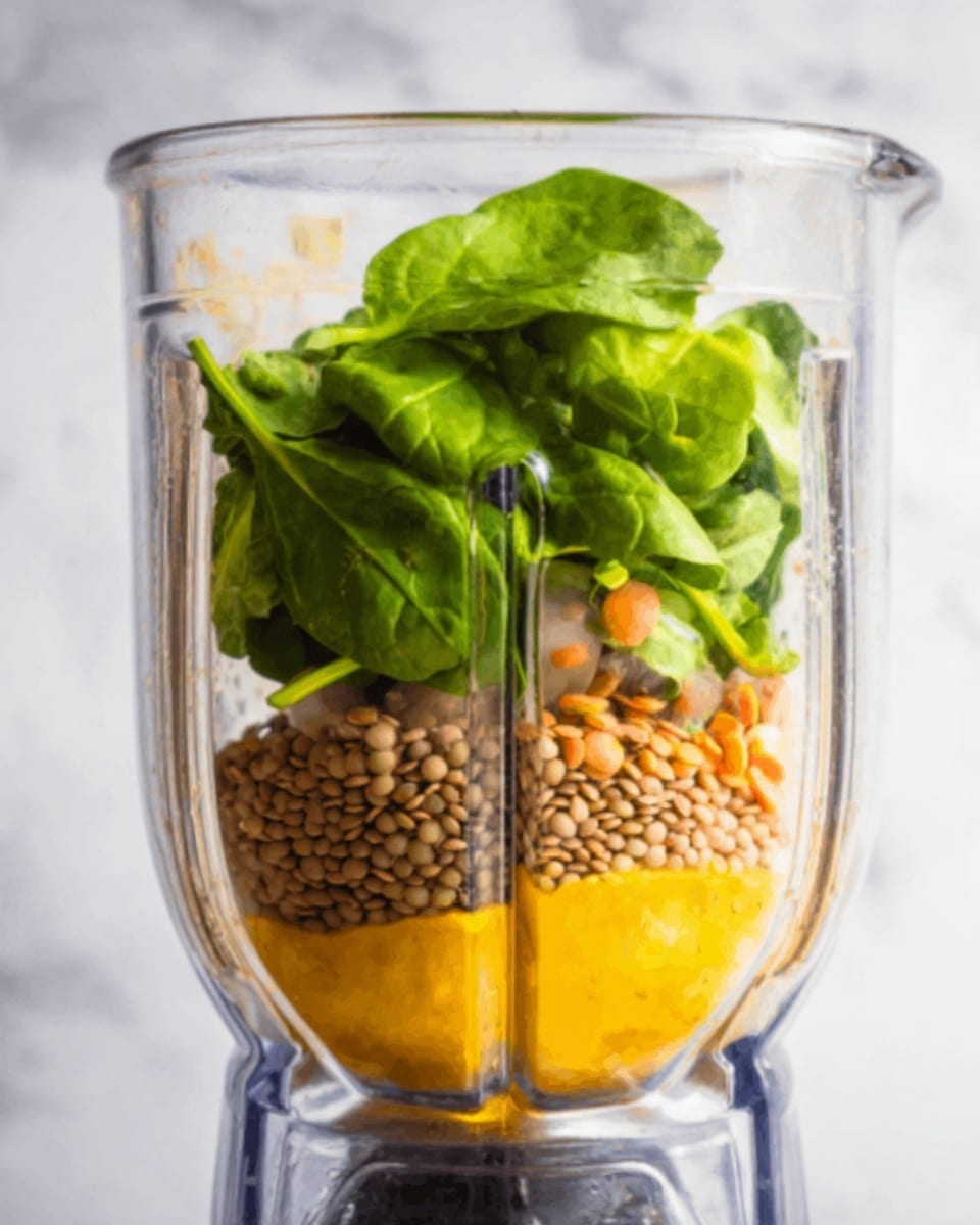 The image shows a blender with three layers inside: at the bottom, there is a small amount of yellow liquid; on top of this is a layer of light brown lentils; and the top layer is fresh green spinach leaves. The ingredients are placed in a clear blender bowl sitting on a white marbled surface. The lighting is soft, highlighting the natural colors and textures of the ingredients. photo taken with an iphone --ar 4:5 --v 7