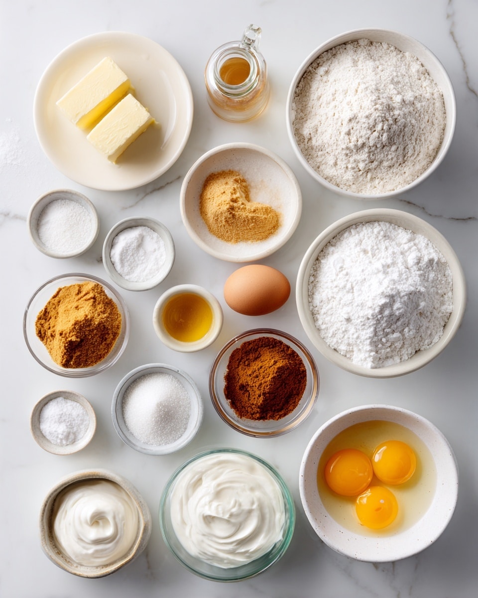Top-down professional food photography, flat lay style, bright white marble countertop, neatly arranged, evenly spaced, tidy, clean organized layout. Include: small plate of melted butter, small bowl of packed light brown sugar, small plate with whole egg and egg yolk, small glass bottle of vanilla flavoring, bowl of all-purpose flour, small bowl of baking powder, small bowl of salt, small bowl of ground cinnamon, small bowl of white sugar, small bowl of cream cheese, small glass cup of heavy cream, small bowl of powdered sugar, small glass bottle of vanilla flavoring, small bowl with a pinch of salt. Bright soft natural lighting, sharp focus, high detail textures, realistic reflections, professional DSLR look, 4K. No finished dish, no cooked food, no hands, no text, no watermark, no brand logos --ar 4:5 --v 7