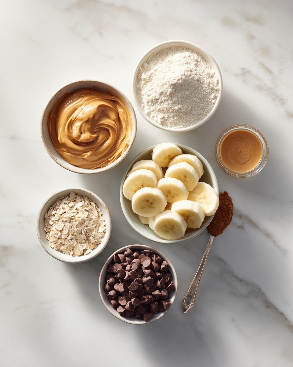 Top-down professional food photography flat lay style, bright white marble countertop, neatly arranged, evenly spaced, tidy, clean organized layout, include: small bowl of runny peanut butter, small bowl of vanilla protein powder, small bowl of ripe bananas sliced, small bowl of chocolate chips, bright soft natural lighting, sharp focus, high detail textures, realistic reflections, professional DSLR look, 4K, no finished dish, no cooked food, no hands, no text, no watermark, no brand logos --ar 4:5 --v 7