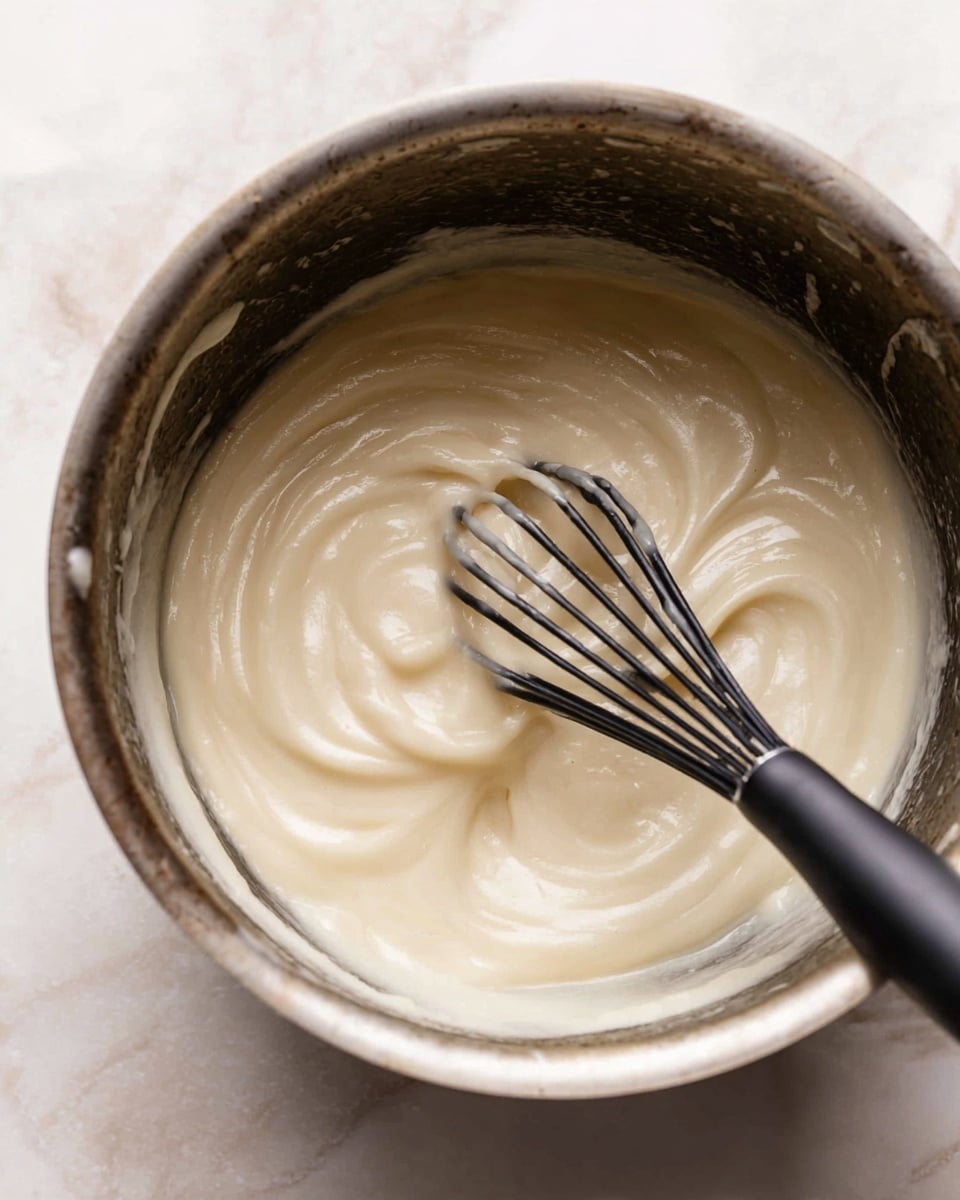 A close-up view of a metal pot containing thick, smooth white sauce being stirred with a black whisk. The sauce has a creamy texture with soft swirls showing how it is being mixed. The pot sits on a white marbled surface, visible around the edges. Photo taken with an iphone --ar 4:5 --v 7