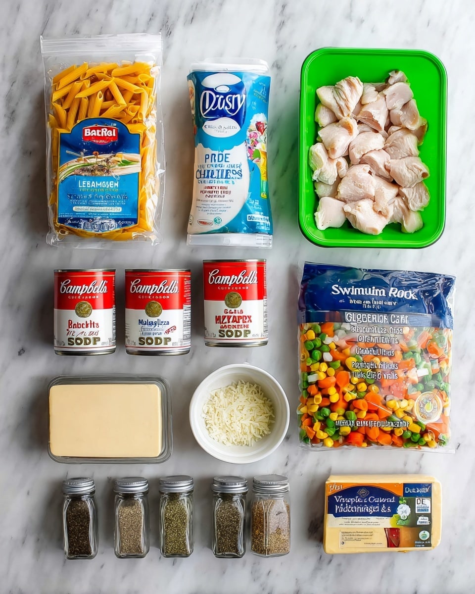 A flat lay of various cooking ingredients arranged on a white marbled surface, showing a box of Barilla penne pasta on the top left, next to a white and blue tube of Daisy sour cream, and a green plastic tray of organic chicken pieces to the right. Below these, there is a can of Swanson chicken broth, two cans of Campbell’s Cream of Chicken soup side by side, a small bowl of minced garlic in the center, and a bag of Great Value mixed vegetables (carrots, corn, peas, green beans) on the right. At the bottom, a block of Philadelphia original cream cheese and a block of Tillamook medium cheddar cheese are placed side by side. Finally, six small clear spice jars labeled black pepper, Italian seasoning, paprika, onion powder, and thyme leaves form a row at the bottom edge. The photo taken with an iphone --ar 4:5 --v 7