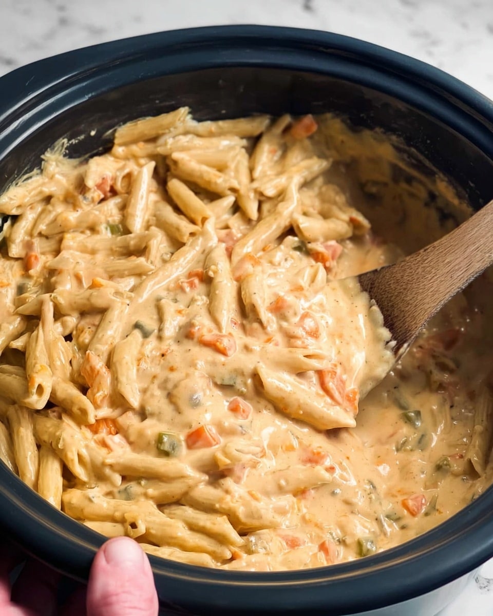A close-up view of creamy pasta inside a dark round dish with a wooden spoon stirring it, showing three visible ingredient layers: the base layer of short penne pasta in pale yellow, the thick middle layer of smooth creamy sauce in light orange, and small bits of diced vegetables in orange and green mixed throughout. A woman's hand is holding the dish at the bottom edge. The background is a white marbled texture. Photo taken with an iphone --ar 4:5 --v 7