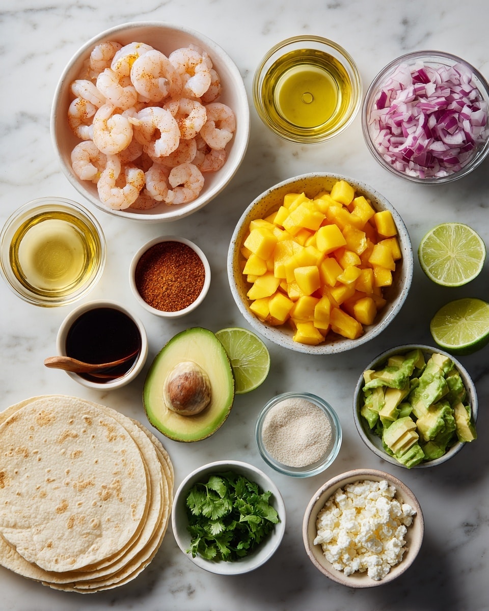 Top-down professional food photography, flat lay style, bright white marble countertop, neatly arranged, evenly spaced, tidy, clean organized layout. Include: bowl of fresh peeled and deveined shrimp pieces, bowl of soft corn tortillas, small glass cup of olive oil, small bowl of taco seasoning powder, small bowl of cayenne pepper, bowl of diced ripe mango, small bowl of finely chopped red onion, small bowl of chopped fresh cilantro, small glass cup of fresh lime juice, small bowl of salt, small bowl of black pepper, bowl of sliced avocado, small bowl of sour cream, small bowl of crumbled white cheese. Bright soft natural lighting, sharp focus, high detail textures, realistic reflections, professional DSLR look, 4K, no finished dish, no cooked food, no hands, no text, no watermark, no brand logos --ar 4:5 --v 7