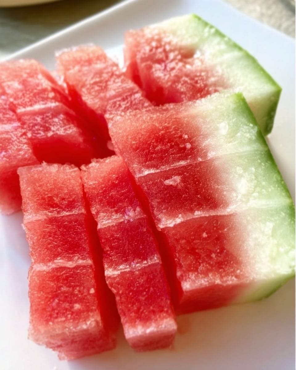 A white plate shows a watermelon slice with bright red juicy flesh made into small square sections. The green rind borders the top and right sides, and a thin white line separates the flesh and the rind. The texture of the watermelon flesh looks soft and fresh, with visible tiny clear drops. Photo taken with an iphone --ar 4:5 --v 7