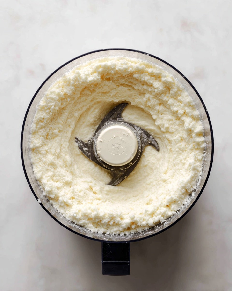 The image shows a top view of a food processor filled with a thick, smooth, white mixture. The mixture looks creamy with a slightly grainy texture and fills most of the bowl inside the food processor. The food processor's blades are barely visible in the center, surrounded by the creamy white mash. The device sits on a white marbled surface, giving a clean and bright look to the scene. photo taken with an iphone --ar 4:5 --v 7