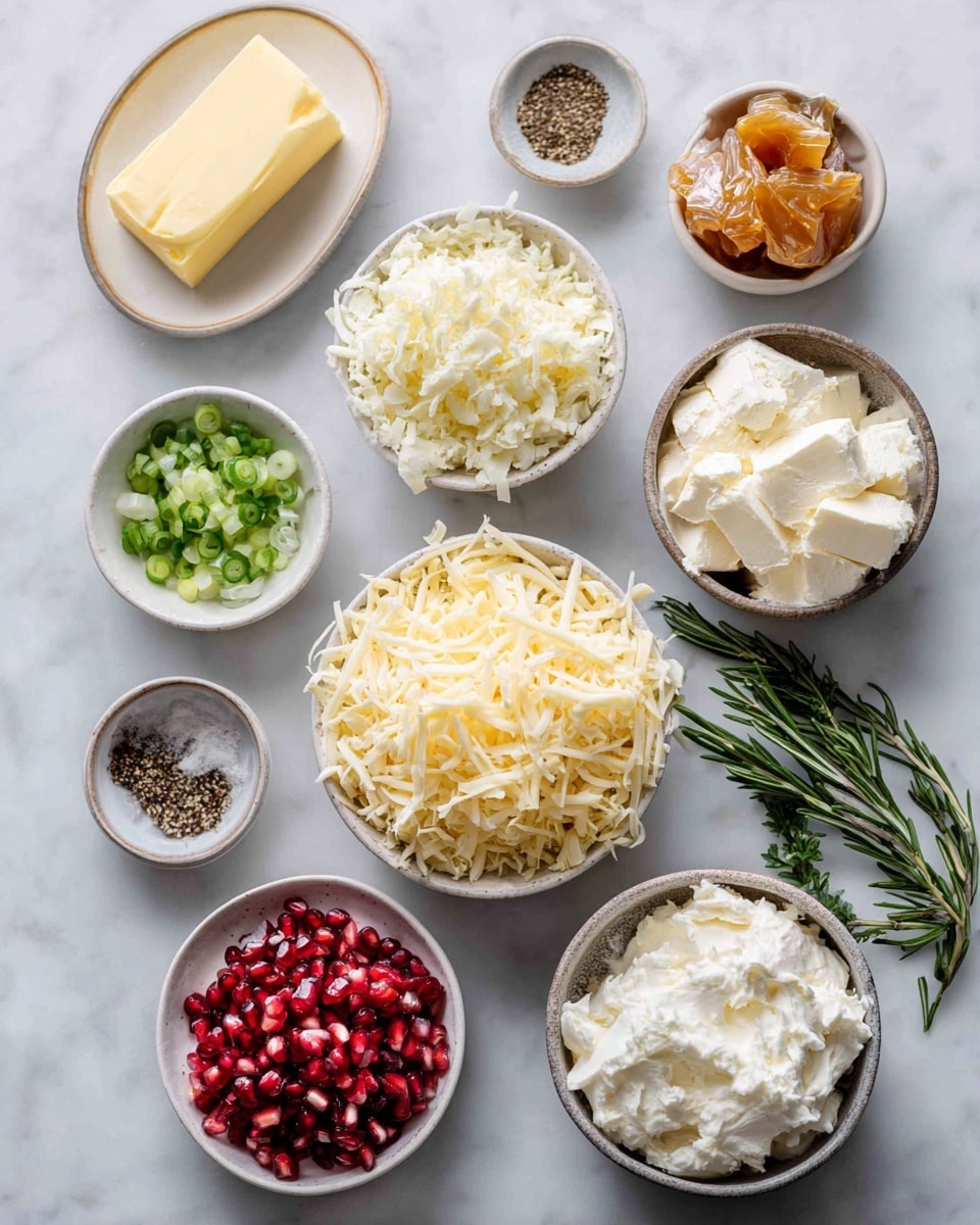 Top-down professional food photography flat lay style, bright white marble countertop, neatly arranged, evenly spaced, tidy, clean organized layout, include: small plate of softened salted butter, bowl of softened cream cheese, bowl of fresh shredded white cheddar, small bowl of minced garlic, small bowl of chopped green onion, small bowl of ground black pepper, bowl of fresh pomegranate arils, small plate with unwrapped caramel candy, small sprig of fresh rosemary, bright soft natural lighting, sharp focus, high detail textures, realistic reflections, professional DSLR look, 4K, no finished dish, no cooked food, no hands, no text, no watermark, no brand logos --ar 4:5 --v 7