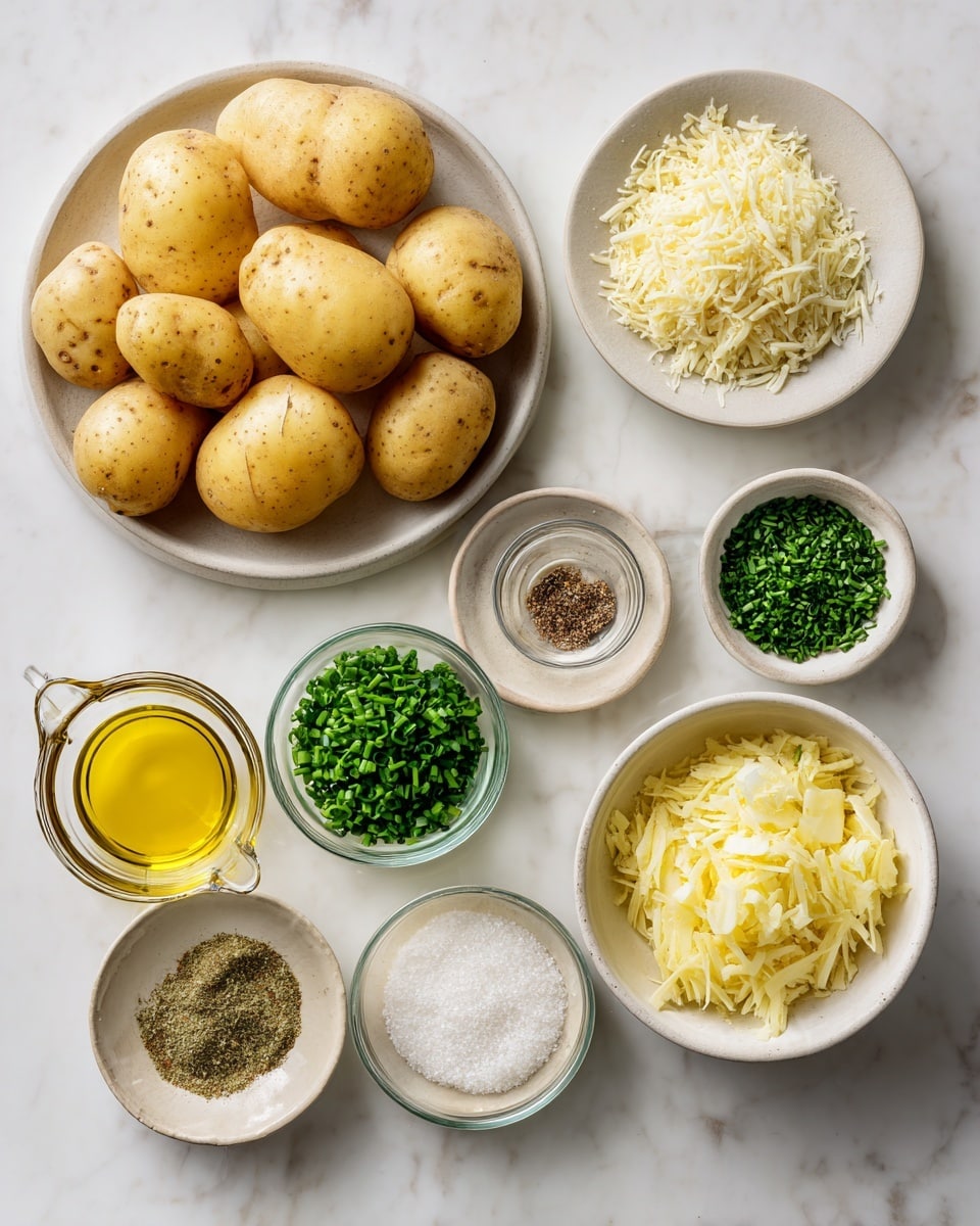 Top-down professional food photography, flat lay style, bright white marble countertop, neatly arranged, evenly spaced, tidy, clean organized layout. Include: peeled whole potatoes on small plate, small bowl of grated parmesan cheese, small bowl of minced fresh chives, small bowl of garlic herb seasoning, small bowl of freshly ground black pepper, glass measuring cup of extra virgin olive oil, small bowl with grated yellow onion. Bright soft natural lighting, sharp focus, high detail textures, realistic reflections, professional DSLR look, 4K. No finished dish, no cooked food, no hands, no text, no watermark, no brand logos --ar 4:5 --v 7