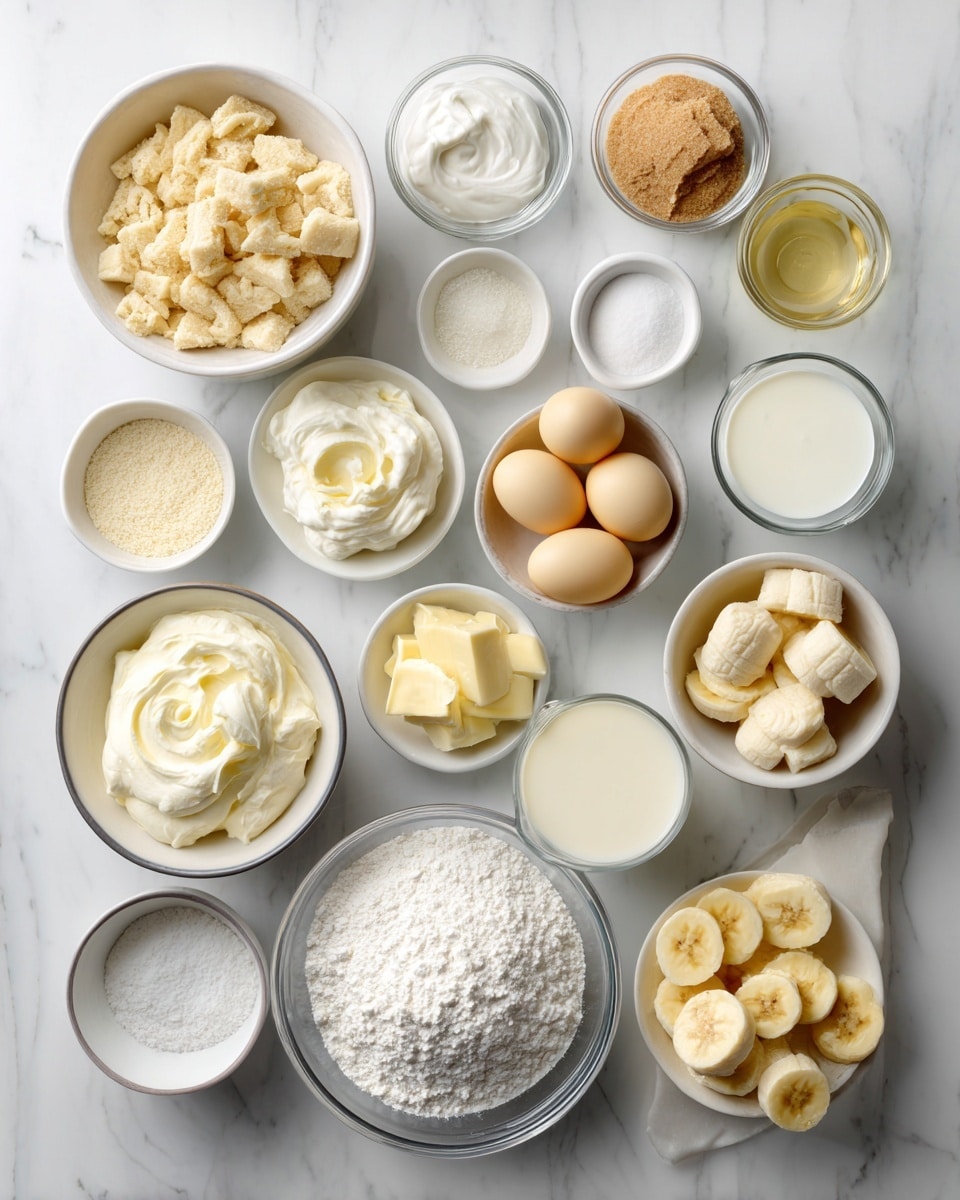 Top-down professional food photography, flat lay style, bright white marble countertop, neatly arranged, evenly spaced, tidy, clean organized layout, include: bowl of vanilla wafer cookie crumbs, small bowl of sugar, small plate of melted butter, small plate of cream cheese, small bowl of sugar, small bowl of all purpose flour, small bowl of sour cream, small bowl of lightly mashed bananas, small glass cup of vanilla flavoring, small plate of eggs, bowl of banana slices, glass measuring cup of heavy whipping cream, small bowl of powdered sugar, bowl of banana slices, small bowl of vanilla wafers, bright soft natural lighting, sharp focus, high detail textures, realistic reflections, professional DSLR look, 4K, no finished dish, no cooked food, no hands, no text, no watermark, no brand logos --ar 4:5 --v 7