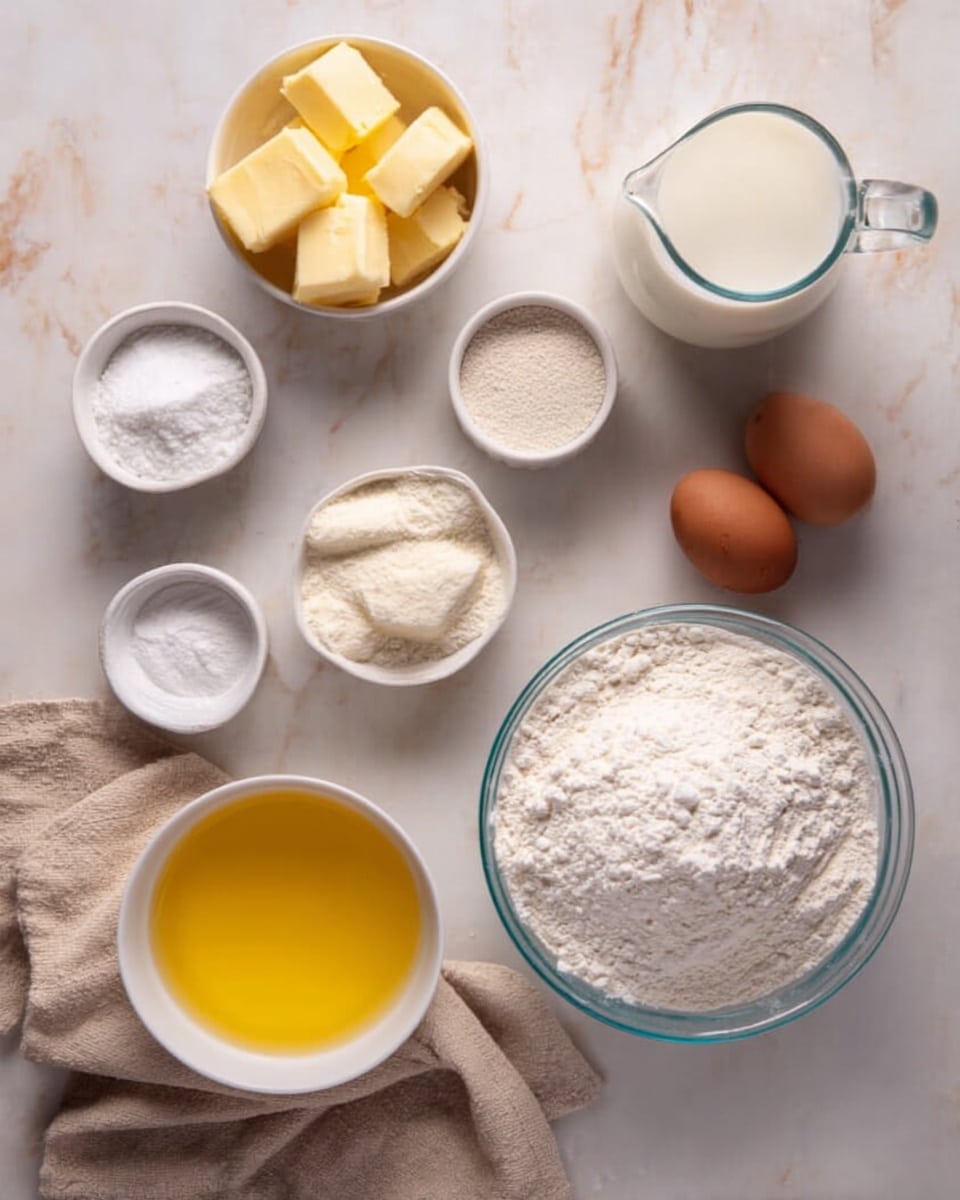 The image shows ingredients for baking arranged on a white marbled surface. There is a large clear glass bowl filled with white flour in the bottom right corner. Above it is a clear glass jug with white milk. In the upper part of the image, there are six small white bowls, each holding a different ingredient: yellow butter cubes, white granulated sugar, white salt, white flour, and light brown yeast. Two brown eggs rest in the middle near the bowls. A white bowl with melted yellow butter is near the bottom left, next to a beige cloth. Photo taken with an iphone --ar 4:5 --v 7