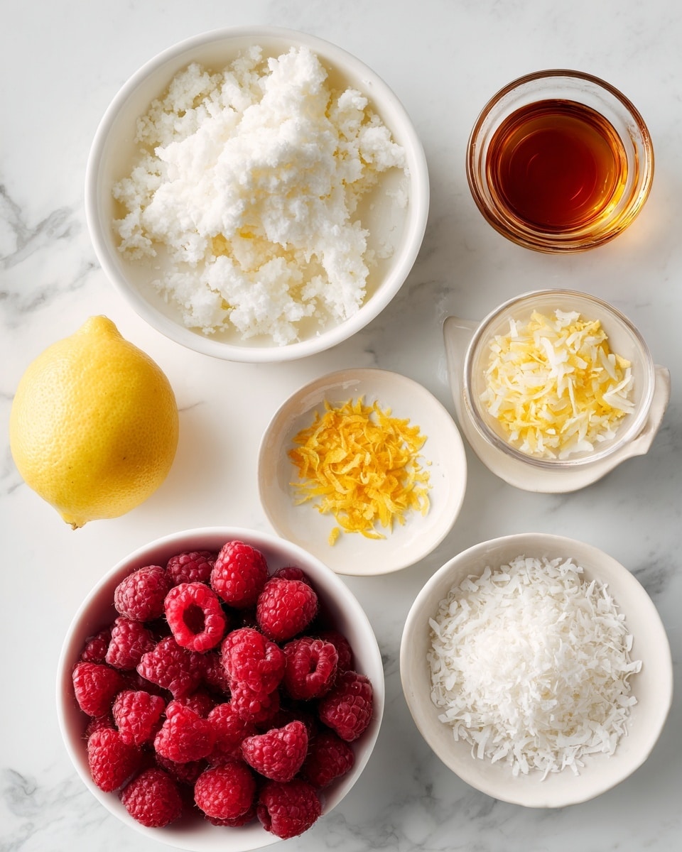 Top-down professional food photography, flat lay style, bright white marble countertop, neatly arranged, evenly spaced, tidy, clean organized layout. Include: two small bowls of chopped creamed coconut, small bowl of fresh raspberries, small bowl of finely grated lemon zest, small glass cup of maple syrup. Bright soft natural lighting, sharp focus, high detail textures, realistic reflections, professional DSLR look, 4K, no finished dish, no cooked food, no hands, no text, no watermark, no brand logos --ar 4:5 --v 7
