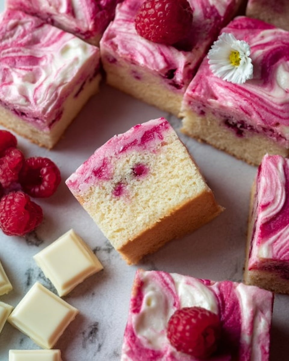 The image shows a close-up of several square cakes topped with a pink and white swirled frosting that looks smooth and creamy. One square cake in the center is turned on its side, revealing a soft light-colored cake inside with visible dark red fruit pieces scattered throughout. Around the cakes are a few fresh raspberries and small white chocolate squares arranged on a white marbled surface. One cake square is decorated with a fresh raspberry and a small white flower on top. Photo taken with an iphone --ar 4:5 --v 7