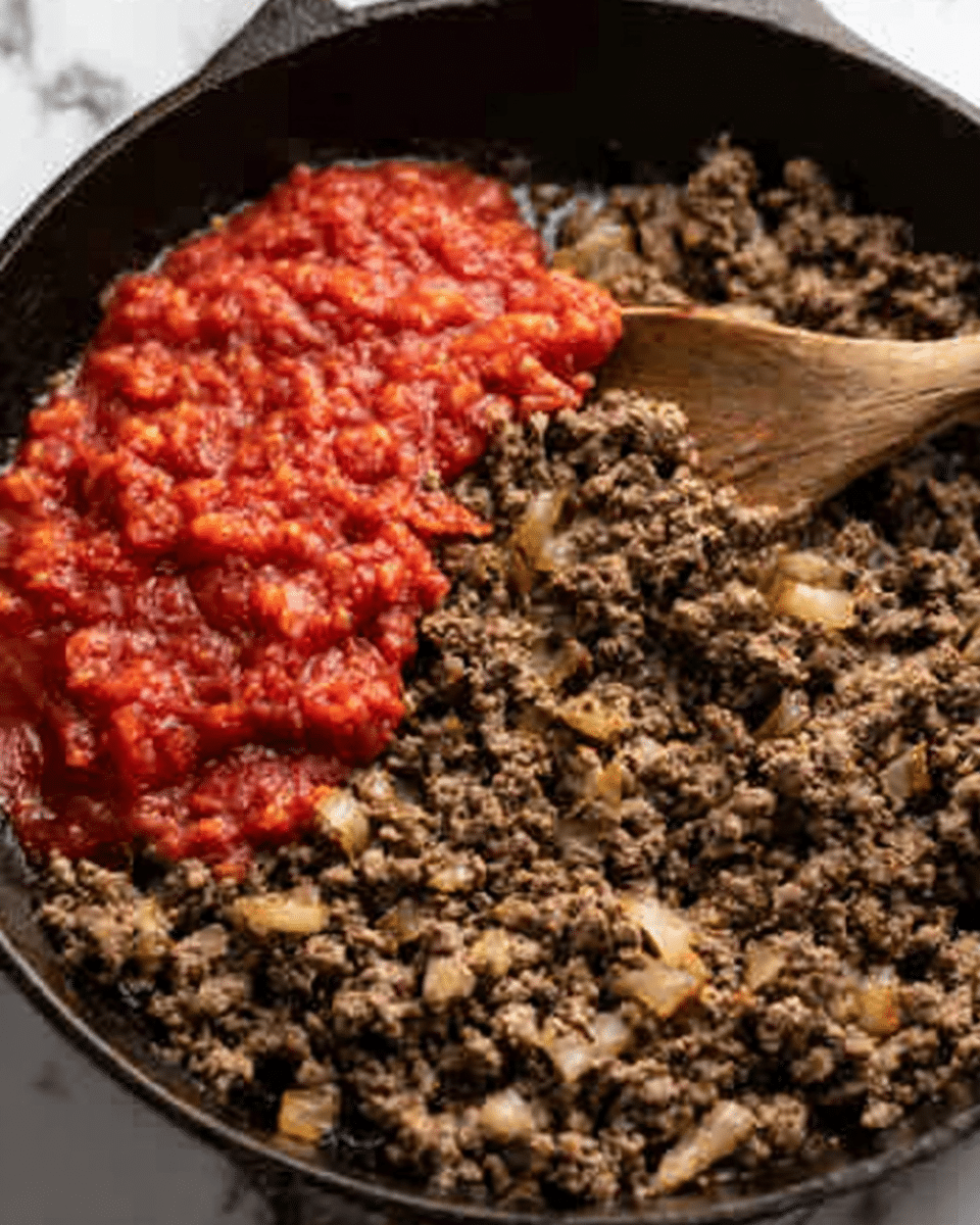 A cast iron skillet filled mostly with cooked, crumbly ground meat that has small pieces of onions mixed in, mostly brown with some textural bits; on one side of the skillet, there is a bright red tomato sauce sitting on top of the meat, showing a chunky texture with a mix of smooth and small chunks. A wooden spoon rests in the skillet near the meat, partially covered by the sauce and meat. The skillet is placed on a white marbled surface. Photo taken with an iphone --ar 4:5 --v 7