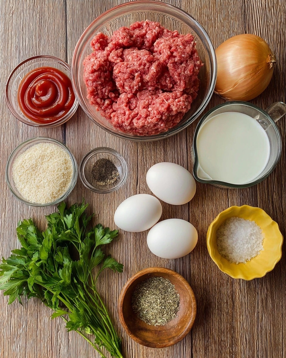 A clear glass bowl filled with pink ground meat sits on the top right, surrounded by an onion with light brown skin, three cloves of garlic with creamy white skin, and two white eggs placed closely together below the onion. To the left, a small clear glass bowl holds a swirl of red ketchup. Below the ketchup, there is a small white bowl holding black pepper. Below the eggs and spreading towards the right side is a green bunch of parsley. In front of parsley, a metal measuring cup contains white breadcrumbs. To the right of the breadcrumbs, a clear measuring cup contains white milk. At the bottom center, a small brown wooden bowl has white salt, and to its right, a small yellow bowl holds dried herbs. Everything is placed on a wooden surface with visible grain. Photo taken with an iphone --ar 4:5 --v 7