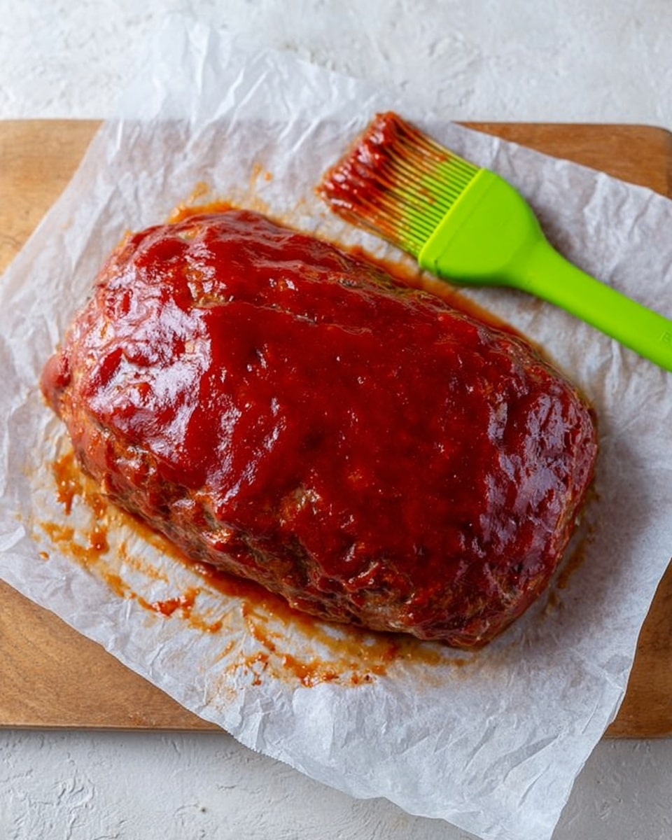 A cooked meatloaf sits on a white parchment paper that lines a wooden board over a white marbled surface. The meatloaf is oval-shaped with a smooth, shiny bright red sauce glaze all over its top and sides. A bright green silicone brush lies next to the meatloaf, with sauce on its bristles showing it was used to spread the sauce. The parchment paper has some brown baked sauce stains around the meatloaf, adding texture and detail to the scene. photo taken with an iphone --ar 4:5 --v 7