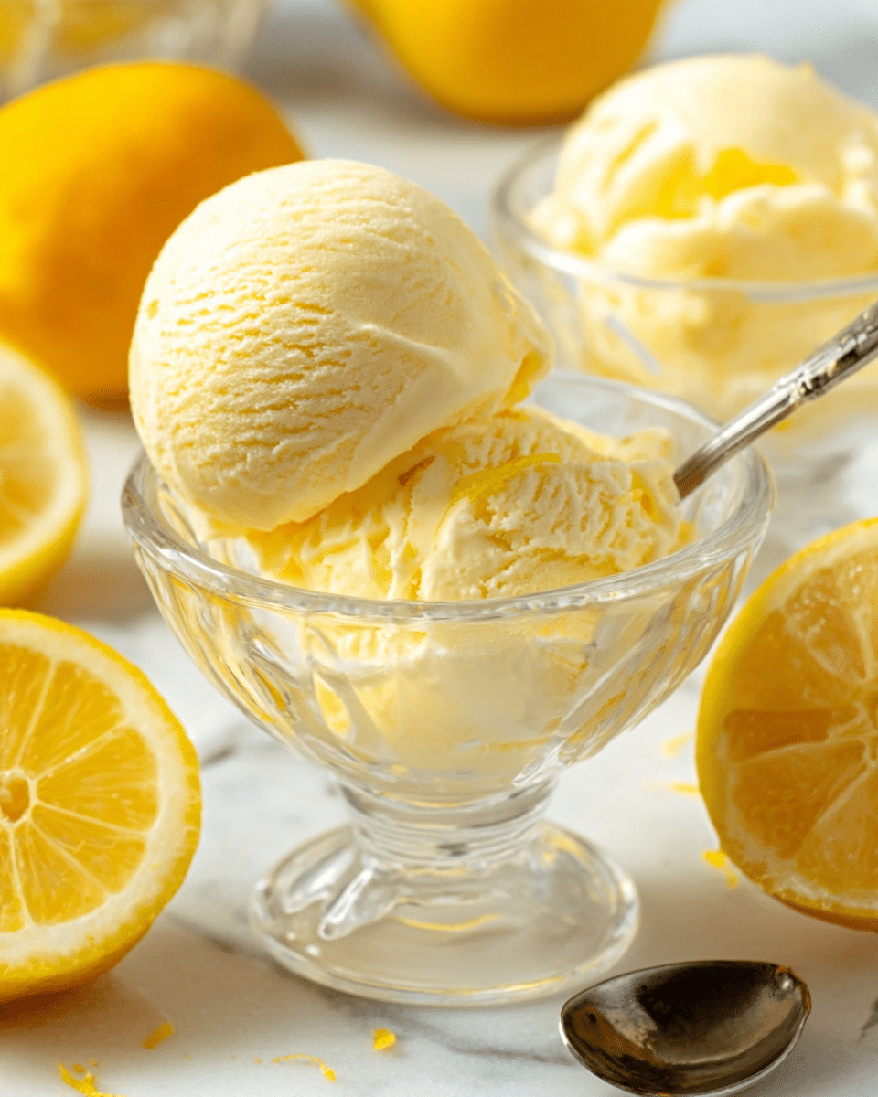 The image shows a clear glass bowl filled with a single scoop of creamy yellow ice cream, placed on a white marbled surface. Around the bowl, there are fresh yellow lemons, one cut in half showing the inside texture and another whole lemon visible. There is another scoop of the same ice cream in a glass bowl slightly blurred in the background. A metal spoon is placed nearby, catching some light. The light softly highlights the smooth texture of the ice cream and the bright yellow of the lemons. Photo taken with an iphone --ar 4:5 --v 7