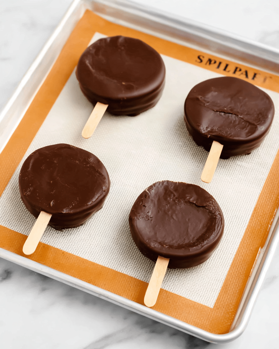 The image shows four round treats covered in smooth dark chocolate on a white baking tray with an orange silicone mat. Each treat has a small wooden stick inserted from the bottom, making them look like chocolate-covered popsicles or cookies on sticks. The chocolate coating is thick and shiny with a few small uneven areas. The baking tray rests on a white marbled surface, giving a clean and simple background. photo taken with an iphone --ar 4:5 --v 7