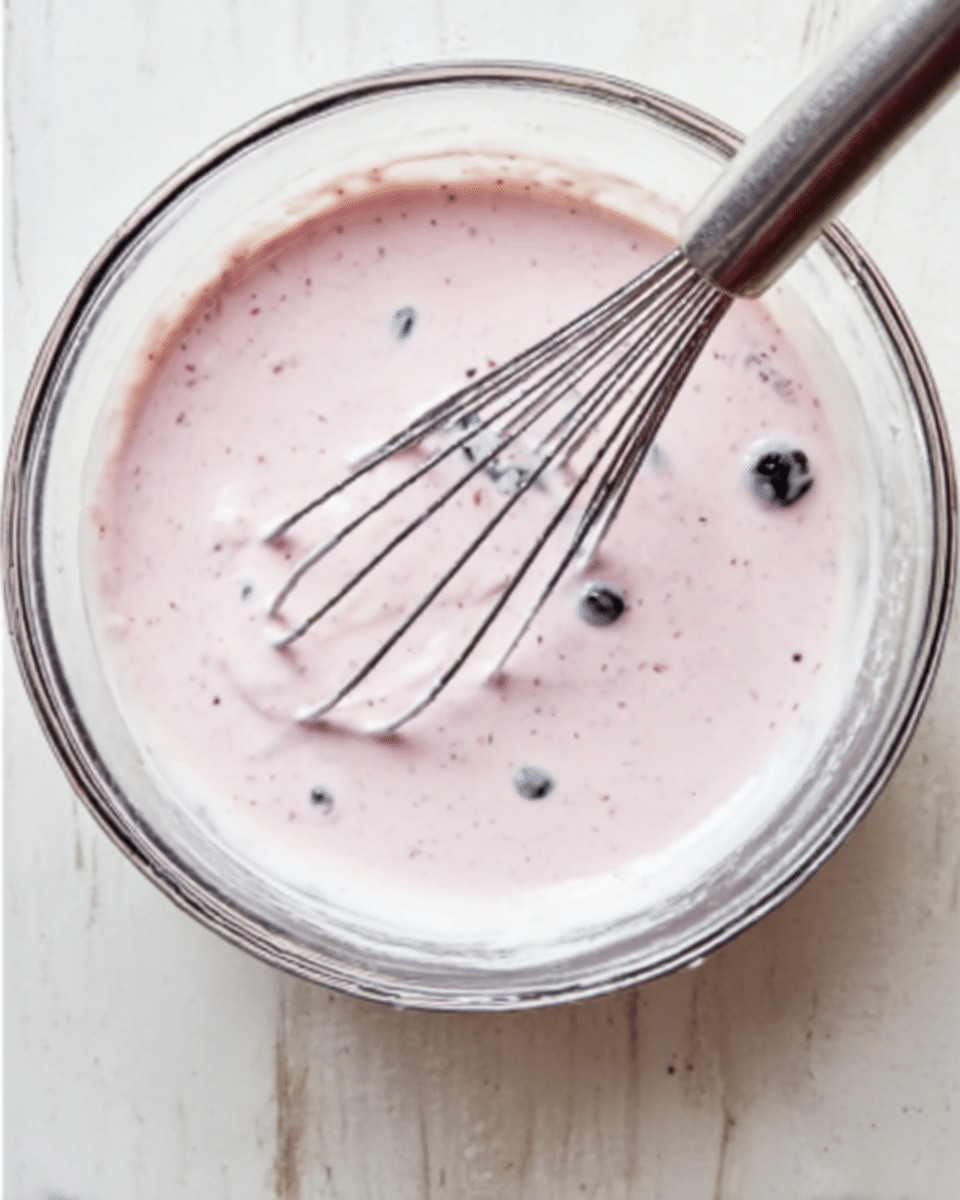 A clear glass bowl filled with light pink yogurt mixed with small dark berries. A metal whisk is resting inside the bowl, partially submerged in the yogurt. The yogurt has a smooth and creamy texture with small clumps and berry bits visible throughout. The bowl is placed on a white marbled surface. photo taken with an iphone --ar 4:5 --v 7