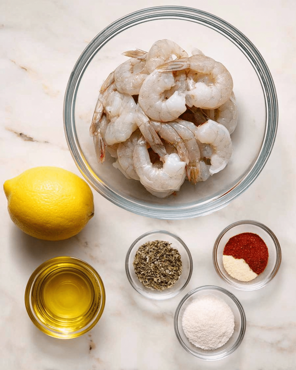 A clear glass bowl filled with raw shrimp with tails on, piled loosely inside. To the left, there is a whole yellow lemon and a small glass container with light golden oil. Below these, a small clear glass bowl holds five different spices in separate groups: coarse black pepper, white salt, dried green herbs, garlic powder, and bright red paprika. The items sit on a white marbled surface. Photo taken with an iphone --ar 4:5 --v 7