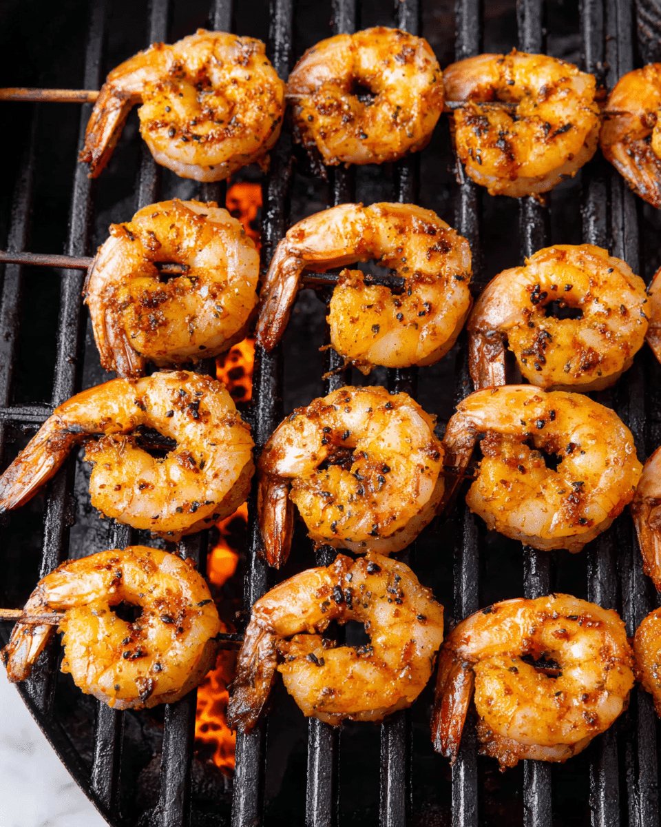 The image shows several skewers of grilled shrimp arranged horizontally over a black grill with visible char marks and an orange flame beneath. Each skewer holds about five to six shrimp that are golden orange with a slightly crispy texture and some black grill marks. The shrimp are curled up naturally, showing the lines and slight texture on their shells. The background has a white marbled surface around the grill edges. photo taken with an iphone --ar 4:5 --v 7