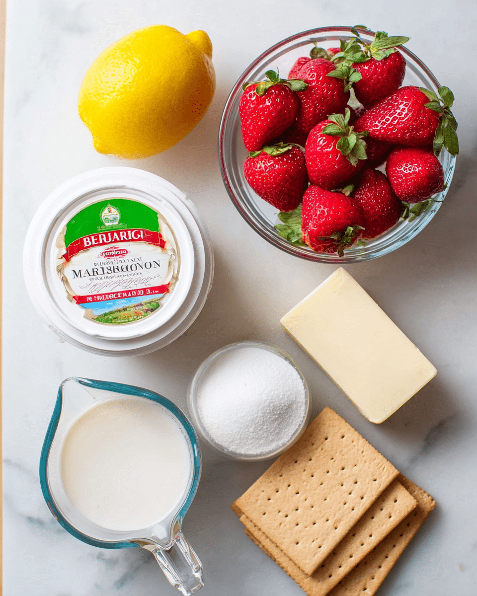 The image shows seven ingredients carefully arranged on a white marbled surface. In the top left, there is a bright yellow lemon, next to a round white container of Belgioioso Mascarpone cheese with green and red text on the label. To the right is a clear bowl filled with fresh red strawberries with green leafy tops. Below the strawberries is a small pale yellow block of butter. Underneath the lemon and cheese is a white square block of cream cheese. In the center, a small white bowl holds a pile of fine white sugar. At the bottom left, there is a clear glass measuring cup filled with white cream. Lastly, at the bottom right, there is a neat stack of light brown rectangular graham crackers. The photo taken with an iphone --ar 4:5 --v 7