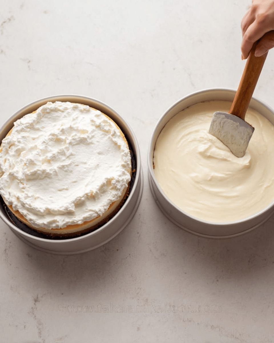 The image shows two round white pans filled with cheesecakes on a white marbled surface. The pan on the left has a thick, light brown crust base at the bottom, topped with a large, fluffy layer of whipped white cream being spread by a woman’s hand holding a wooden spatula. The pan on the right is filled evenly with a smooth, creamy white cheesecake layer with a shiny, soft texture on top. Photo taken with an iphone --ar 4:5 --v 7