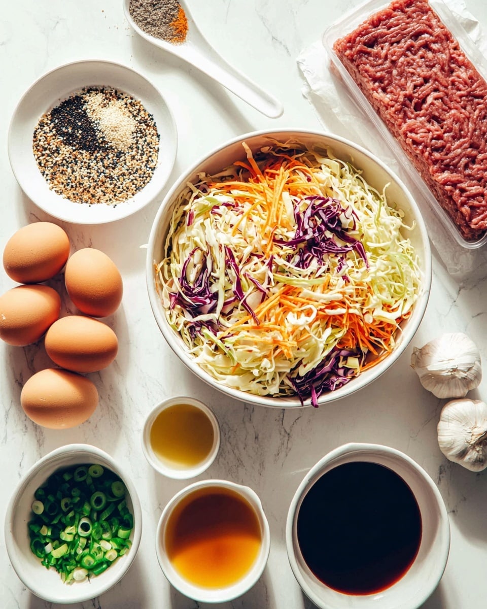 The image shows a flat lay of cooking ingredients on a white marbled surface. There is a large white bowl filled with a mix of finely shredded cabbage, carrot strips, and purple cabbage strands, creating a colorful and textured layer. Surrounding the bowl are smaller white bowls and dishes holding different ingredients: whole green onions chopped into pieces, three brown eggs, peeled garlic cloves with a small piece of ginger, and a white plate with a pile of black and white sesame seeds mixed with other spices. There are also three small white dishes containing a golden liquid, dark soy sauce, and a reddish-brown sauce. Additionally, a brick of raw ground meat wrapped in white paper lies to the side. A small white spoon with black pepper rests above the ingredients. The whole scene is bright with natural light, highlighting the freshness and colors of the items. Photo taken with an iphone --ar 4:5 --v 7