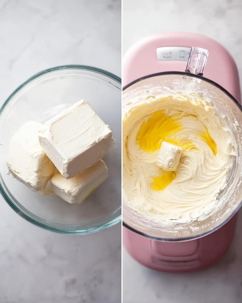 The image shows two stages of making a creamy mixture in a clear glass bowl on a white marbled surface. On the left, there are three thick white blocks of cream cheese stacked inside the bowl. On the right, the same bowl sits on a pink mixer base, filled with a smooth, swirled light cream mixture with a yellow egg yolk partly visible on top. The texture looks soft and fluffy. Photo taken with an iphone --ar 4:5 --v 7