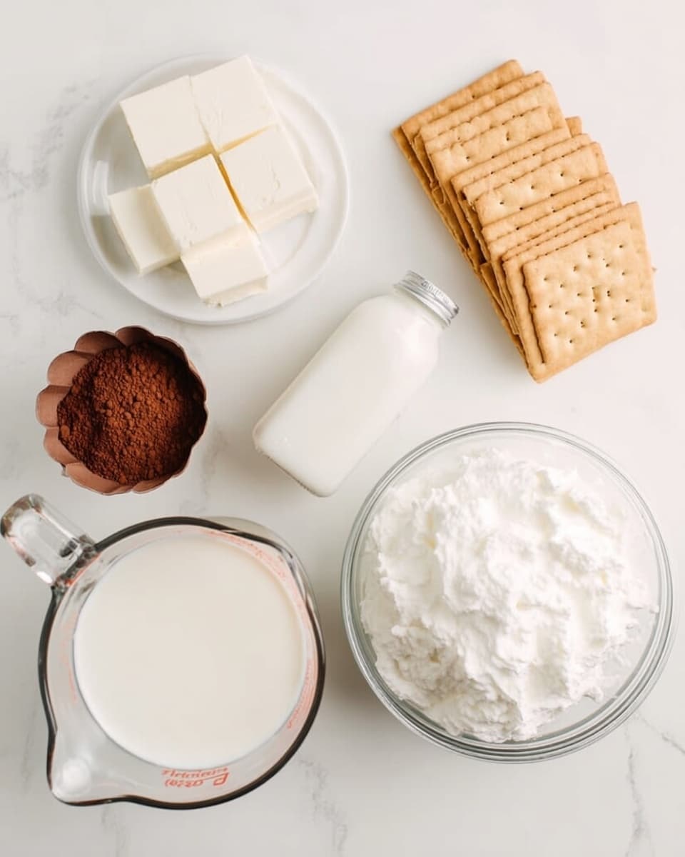 The image shows six ingredients arranged on a white marbled surface. In the bottom left, there is a clear glass measuring cup filled with white milk. To its right, a small brown paper cup is holding a heap of cocoa powder with a fine texture. Above it, there is a small white plate stacked with soft, square-shaped cream cheese blocks, smooth and pale in color. On the far right, a large clear glass bowl holds fluffy white whipped cream with soft peaks. Near the top center, there is a small white bottle lying on its side. At the top right, there are six rectangular light brown crackers with small holes arranged in a neat stack. Photo taken with an iphone --ar 4:5 --v 7