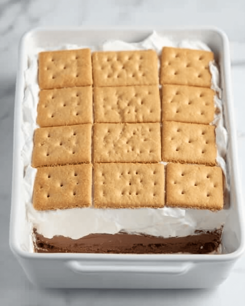 A rectangular white dish holds a layered dessert with three visible layers. The bottom layer is light brown and smooth, likely a chocolate or caramel base. The middle layer is thick and white, looking creamy and fluffy, covering the entire surface evenly. The top layer is made of square golden-brown crackers, neatly arranged in a grid with small holes in each cracker. The dish sits on a white marbled surface. photo taken with an iphone --ar 4:5 --v 7