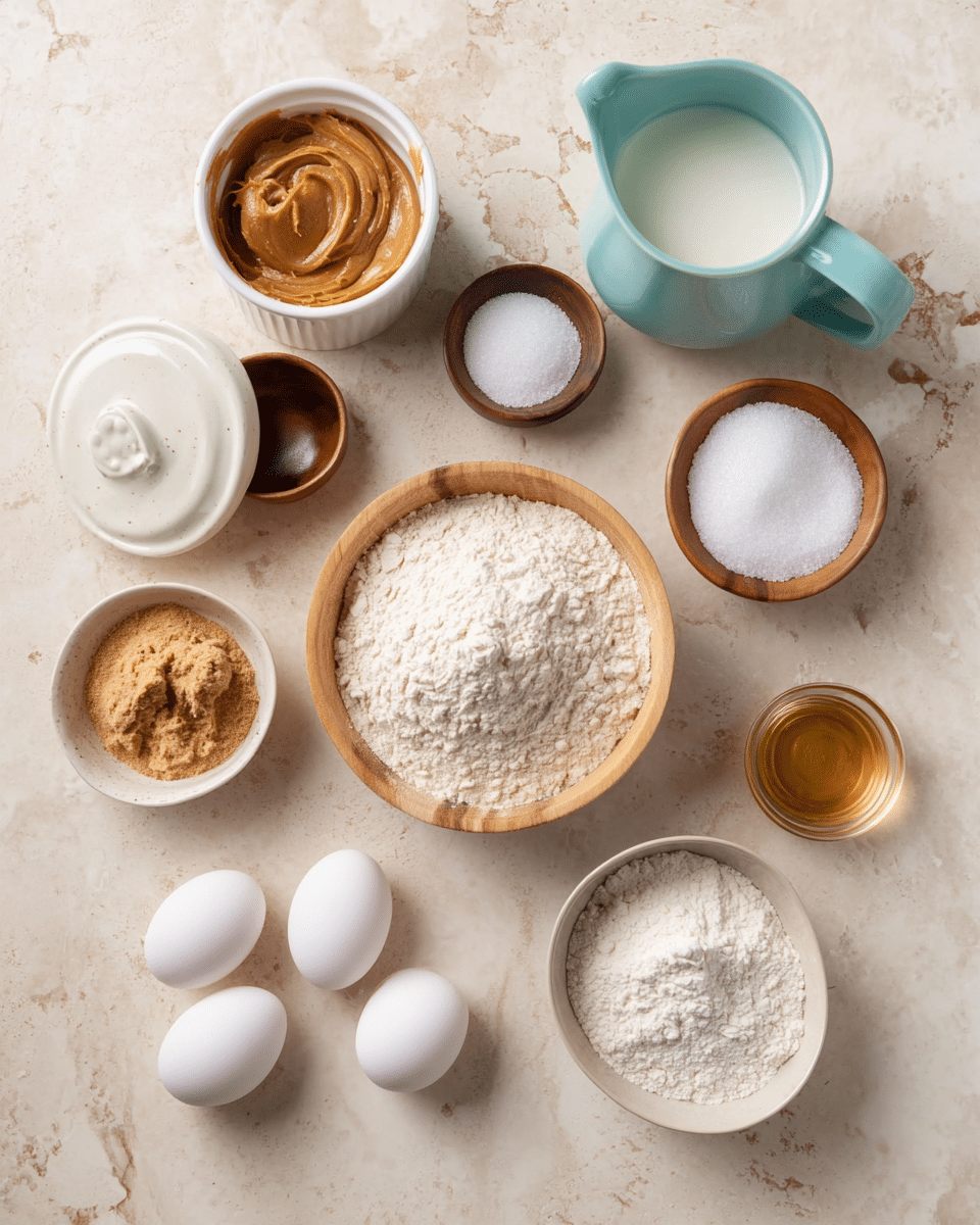 The image shows various baking ingredients arranged neatly on a white marbled surface. There is a wooden bowl filled with white flour placed near the center. Surrounding it are three white eggs at the bottom, a white bowl with light brown sugar to the right, and a small white bowl with white granulated sugar at the lower right. On the upper left is a white ceramic container with brown peanut butter inside, its lid partially open. Small wooden bowls hold white baking powder and salt near the top center. There is a light blue ceramic pitcher filled with milk on the right side. A small glass with a clear liquid, likely oil or vanilla extract, is at the lower left. Each item is spaced evenly, showing different textures like the powdery flour, smooth peanut butter, and coarse sugar. photo taken with an iphone --ar 4:5 --v 7