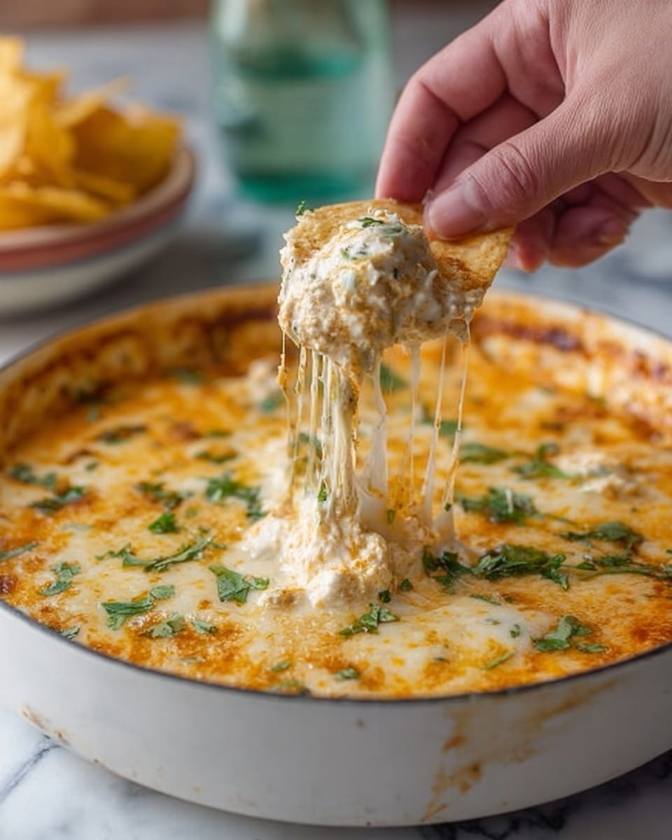 A white round dish filled with a creamy, cheesy dip that has a golden brown top layer with melted, stretchy yellow cheese and small green herb pieces sprinkled on top. A woman's hand is lifting a chip from the dish, pulling up the melted cheese in long strings. The dip's texture looks thick and slightly bubbly. The background shows a white marbled surface with a glass bottle and a bowl of chips blurry in the distance. Photo taken with an iphone --ar 4:5 --v 7
