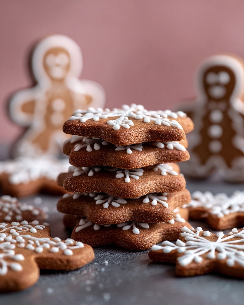 A close-up image features a stack of four thick, soft brown gingerbread cookies with a slightly rough texture, each decorated lightly with white icing dots on top. Surrounding the stack are several flat gingerbread cookies shaped like snowflakes and other festive shapes, also adorned with white icing patterns. In the background, there are blurred gingerbread figures standing upright with white icing details, set against a soft pink backdrop. The cookies and decorations lie on a dark surface that contrasts with the white marbled texture beneath and around the edges. photo taken with an iphone --ar 4:5 --v 7