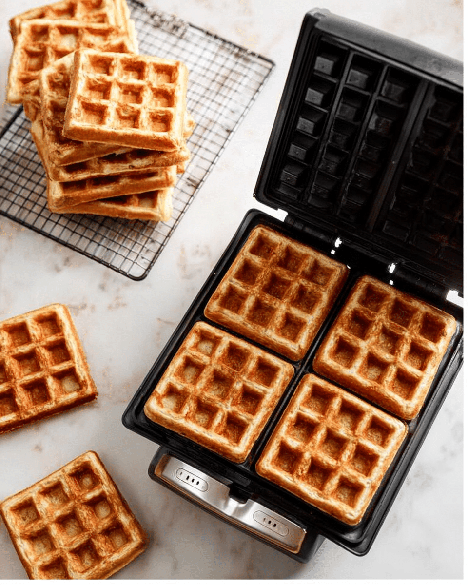 The first image shows a black waffle iron open with four square golden-brown waffles still inside, each having a crispy textured surface with deep grid lines. The second image displays several small square waffles stacked and scattered on a cooling rack next to the black and silver waffle iron. The background is a white marbled surface. The waffles are uniformly cooked, showing an evenly browned color with a slightly crisp edge. photo taken with an iphone --ar 4:5 --v 7