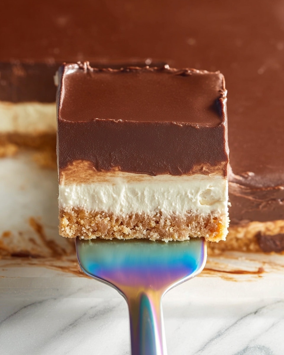 A close-up top view of a square dessert piece lifted by a shiny, multicolored spatula. The dessert has three visible layers: a thick, smooth dark brown chocolate top layer, a middle creamy off-white layer, and a bottom crumbly light brown base. The dessert sits on a white marbled surface, with more of the chocolate top layer visible and some creamy filling around the edges. The bright spatula contrasts with the dessert's warm tones. Photo taken with an iphone --ar 4:5 --v 7