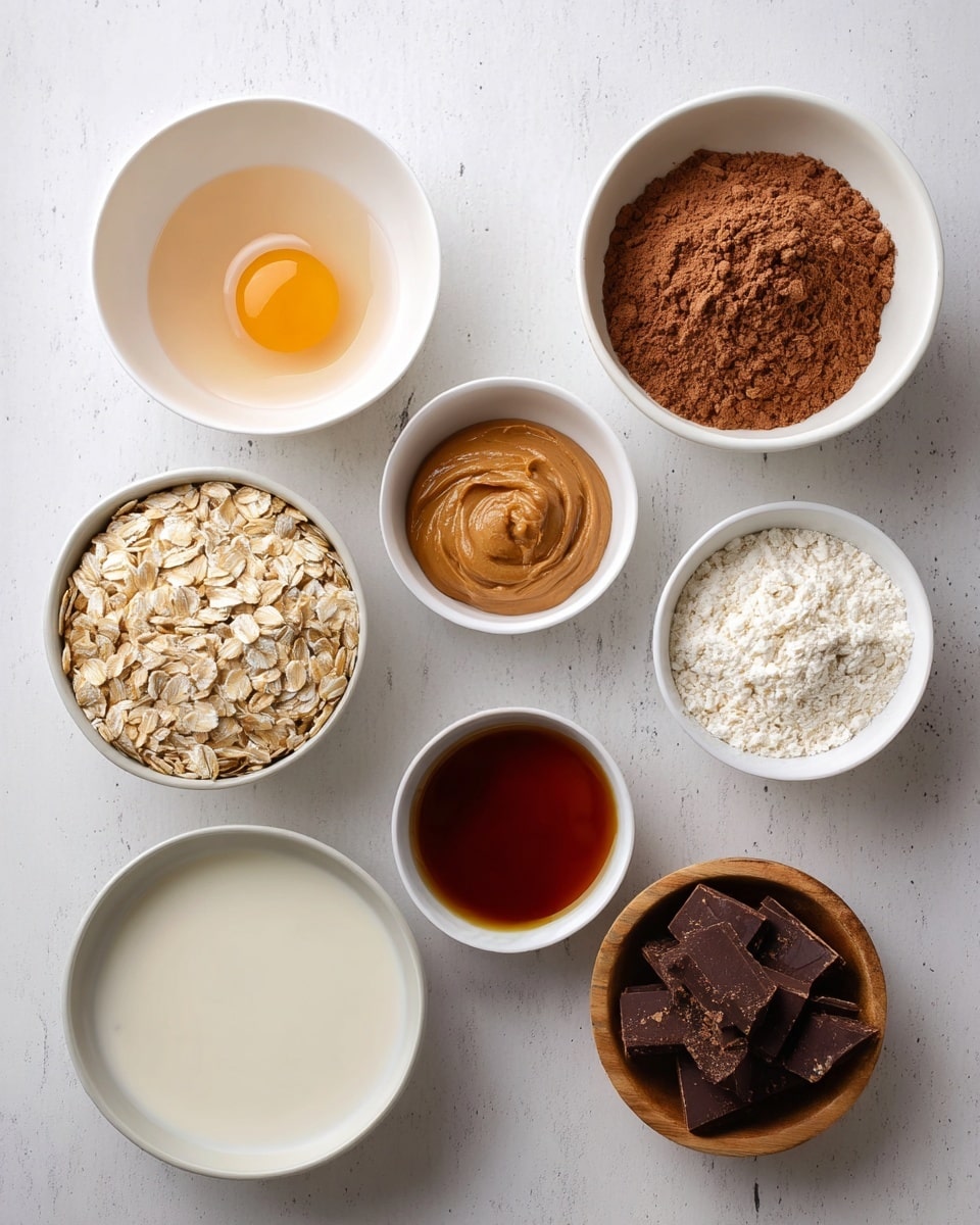 The image shows nine small bowls arranged on a white marbled surface, each holding different ingredients for a recipe. Starting from the top center, there is a white bowl with a cracked raw egg, to the right is another white bowl filled with light brown powder resembling cocoa. Below the egg bowl to the left is a white bowl with a smooth peanut butter-like substance. In the bottom center is a white bowl filled with a dark amber liquid, framed to the right by a smaller white bowl containing a lighter amber liquid. To the bottom left, a white bowl is full of rolled oats with a beige tone. At the center is a white bowl filled with a creamy white liquid with a smooth texture. To the right of this is a small white bowl containing a white powder, likely baking powder. Lastly, to the right is a small wooden bowl filled with chopped dark chocolate pieces. photo taken with an iphone --ar 4:5 --v 7
