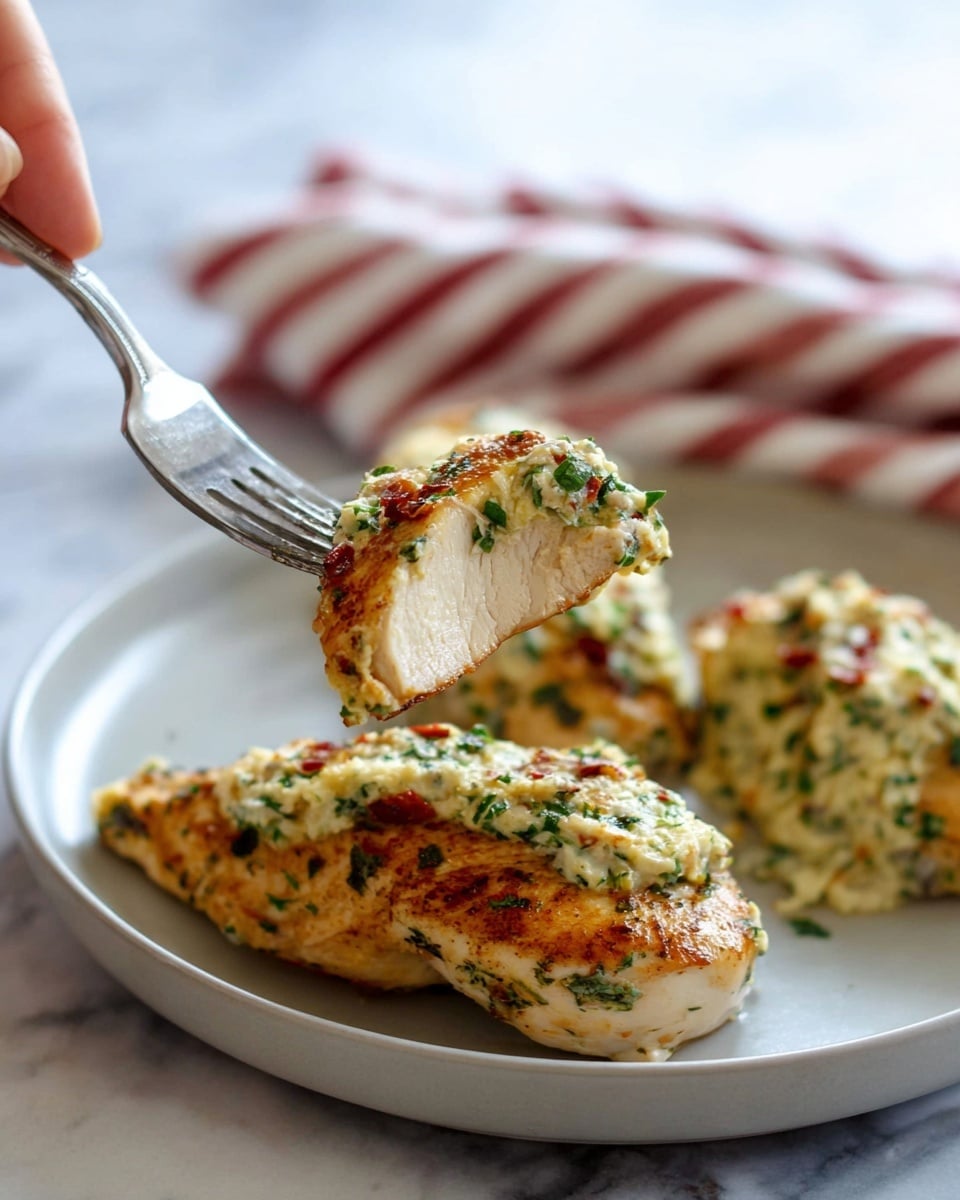 The image shows a white plate with two pieces of cooked chicken on it, both topped with a creamy mixture that looks like it has green herbs and small bits of red inside. One chicken piece is being lifted with a fork held by a woman's hand, revealing the cooked golden-brown surface of the chicken underneath the creamy topping. The background has a white marbled texture and there is a red and white striped cloth behind the plate. photo taken with an iphone --ar 4:5 --v 7