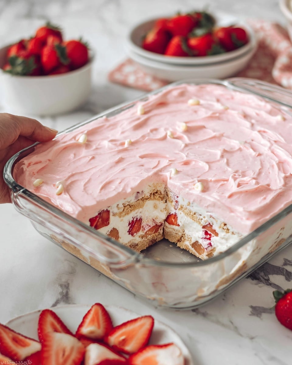 The image shows a clear glass dish with a three-layer dessert. The bottom layer is a light brown biscuit base. The middle layer has white creamy filling mixed with pieces of red strawberries and more biscuit pieces. The top layer is a smooth, thick, pink cream spread evenly with soft swirls. Around the dish, there are fresh strawberries in a white bowl and some sliced strawberries on a white marbled surface. A woman's hand is holding the dish on the left side. photo taken with an iphone --ar 4:5 --v 7
