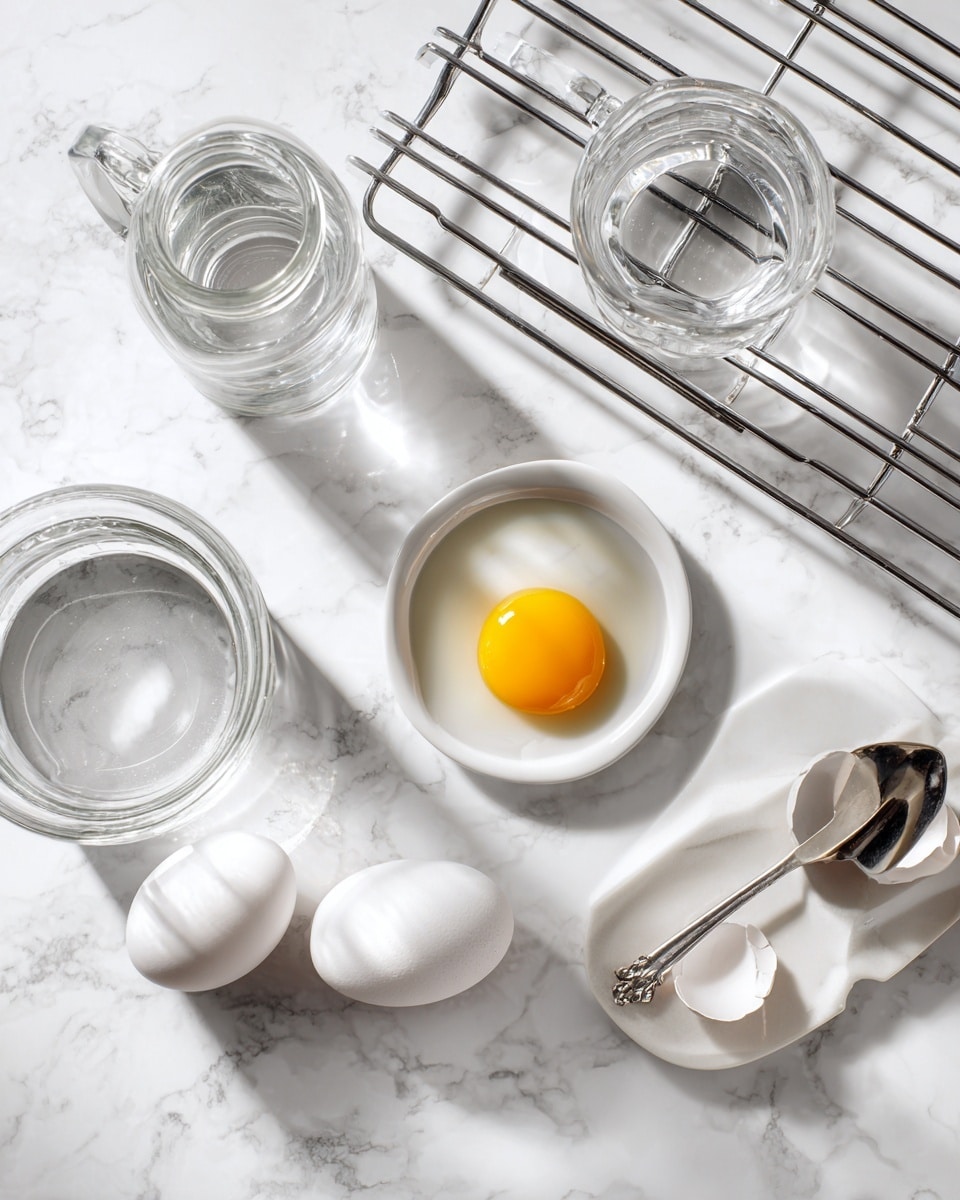 Top-down professional food photography, flat lay style, bright white marble countertop, neatly arranged, evenly spaced, tidy, clean organized layout, include: small glass cup of cooking spray, small plate with room temperature egg, clear mason jar, metal rack piece, glass measuring cup of tap water, bright soft natural lighting, sharp focus, high detail textures, realistic reflections, professional DSLR look, 4K, no finished dish, no cooked food, no hands, no text, no watermark, no brand logos --ar 4:5 --v 7