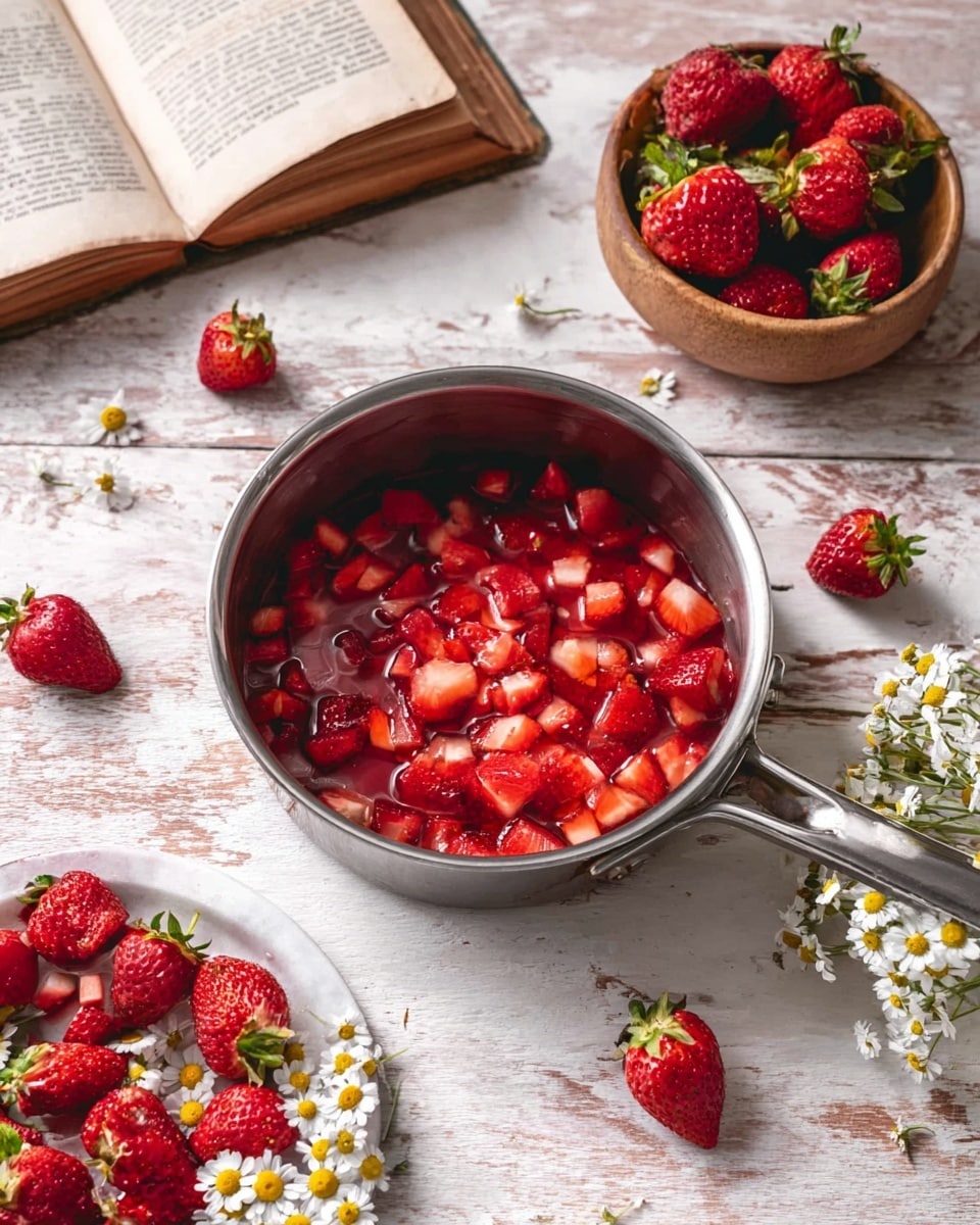 A silver pot filled with small, bright red chopped strawberries sitting on a white marbled surface, surrounded by whole and halved fresh strawberries with green tops scattered around. Next to the pot, there is a white plate full of whole strawberries and small white and yellow chamomile flowers. A wooden bowl with chamomile flowers is placed on an open book with a worn-out, brown cover beside it. The background and surface have a light rustic wooden look mixed with a white marbled texture. photo taken with an iphone --ar 4:5 --v 7