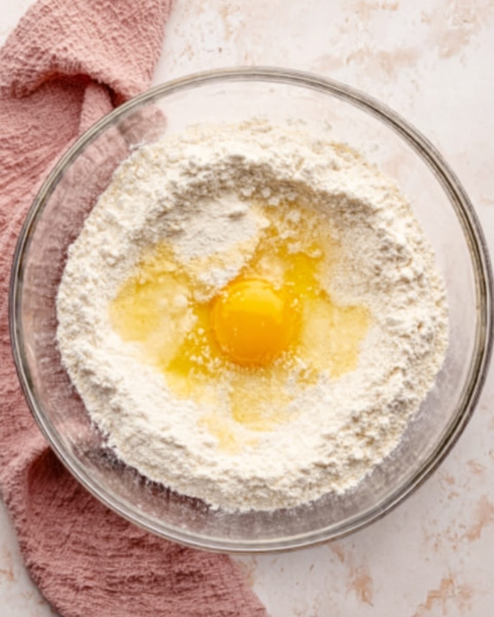 A clear glass bowl filled with a large mound of white flour, with a bright yellow egg yolk sitting on top, surrounded by a small pool of melted butter left in the center. The bowl is placed on a white marbled textured surface with a soft pink cloth partially visible to the side. The textures show the powdery flour contrasting with the smooth, shiny egg yolk and butter. Photo taken with an iphone --ar 4:5 --v 7