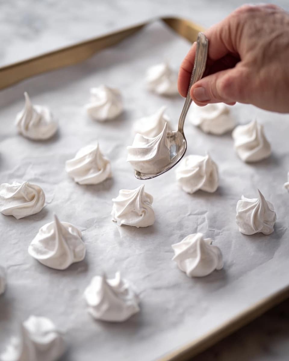 The image shows small white meringue dollops placed in neat rows on a baking tray lined with white parchment paper. Each meringue has a soft, whipped texture with slightly pointed tops, and they are spaced evenly across the tray. A woman's hand is holding a spoon, gently shaping one of the meringues, creating a swirled and fluffy effect. The background is a white marbled texture, giving a clean and bright look to the setting. Photo taken with an iphone --ar 4:5 --v 7