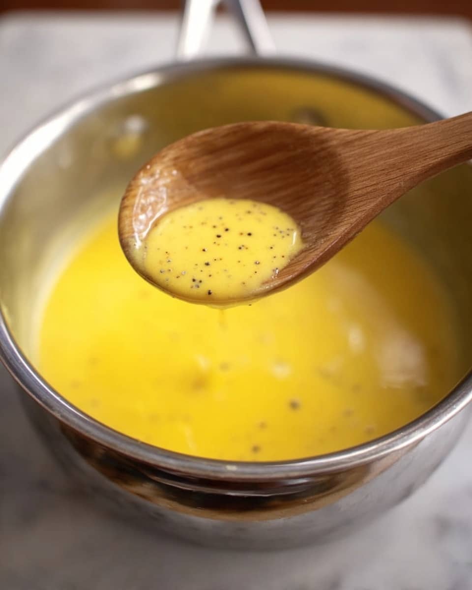 A close-up of a silver pot filled with smooth, yellow sauce with small black seeds floating in it. A wooden spoon coated in the yellow sauce is held above the pot, showing the thick texture of the liquid. The surface under the pot is a white marbled texture. The background is softly blurred, focusing on the pot and spoon. photo taken with an iphone --ar 4:5 --v 7
